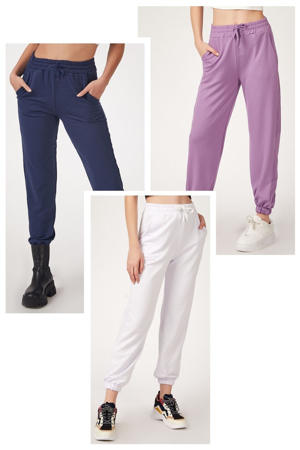 TRQOM-Women's Sweatpants Set of 3 Lilac-Navy Blue-White 1