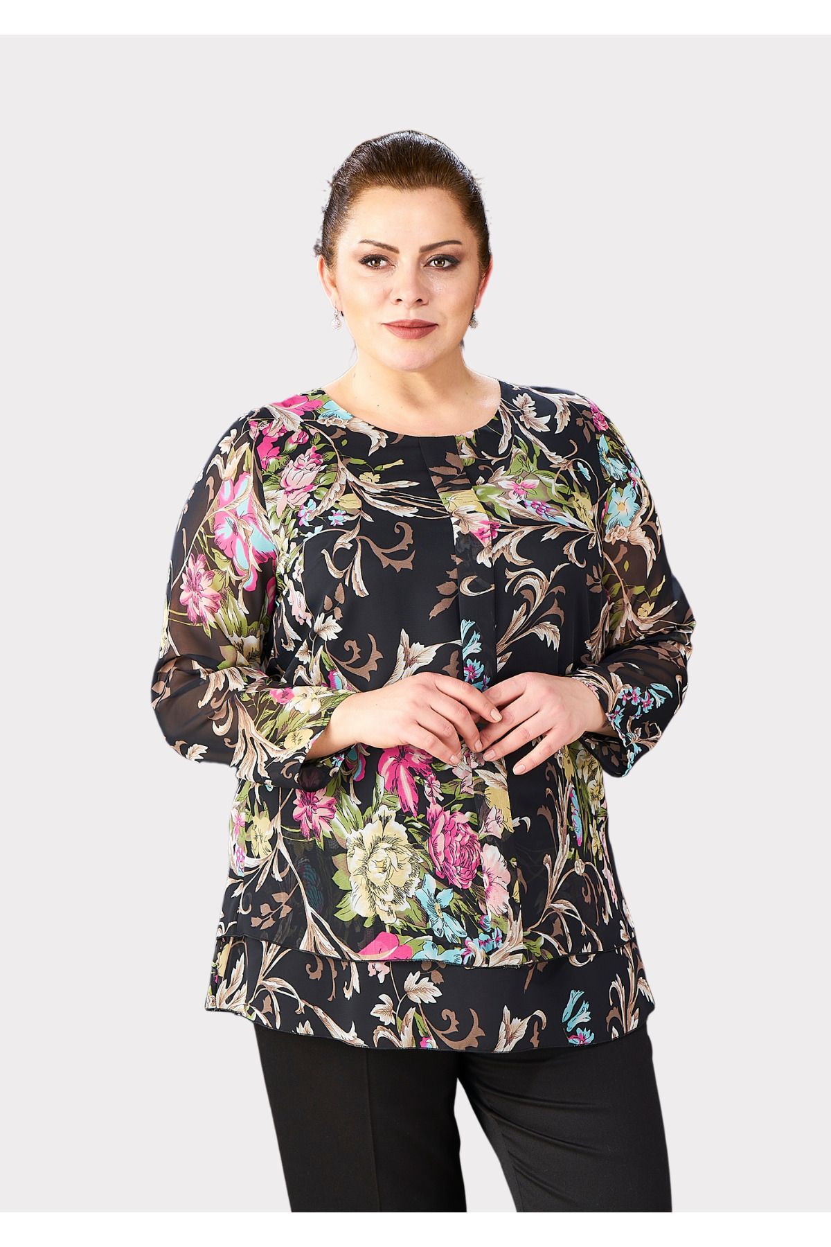 LİLAS XXL-Patterned Chiffon Tunic - Large Size 3