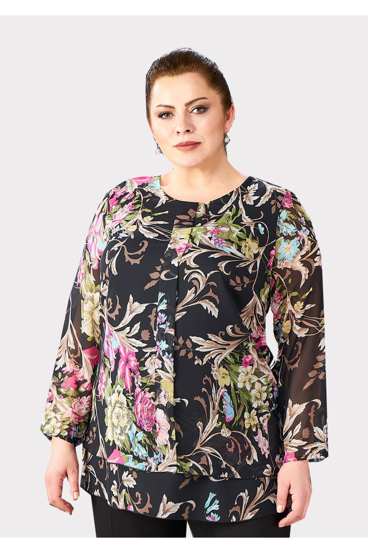 LİLAS XXL-Patterned Chiffon Tunic - Large Size 2