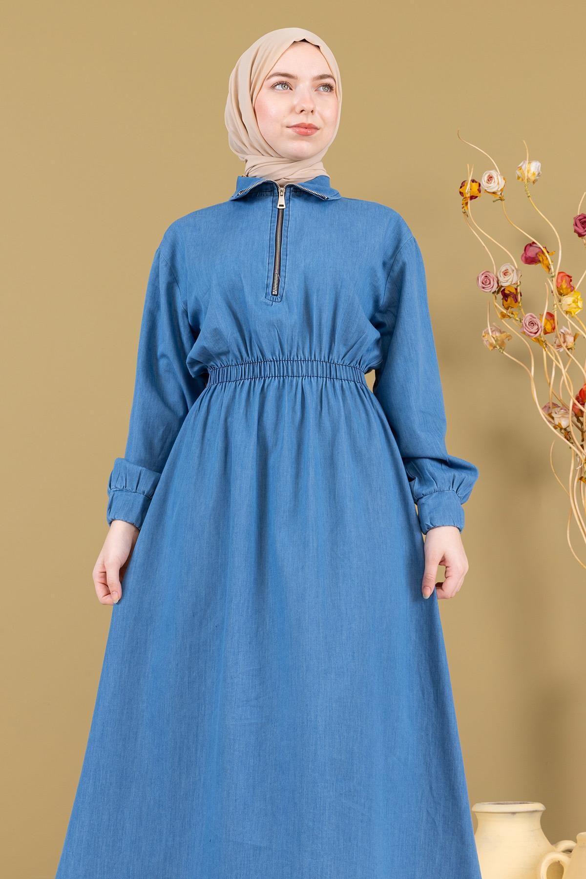 Modamihram-Maybe Elastic Denim Dress - Zippered Light Blue 19240 2