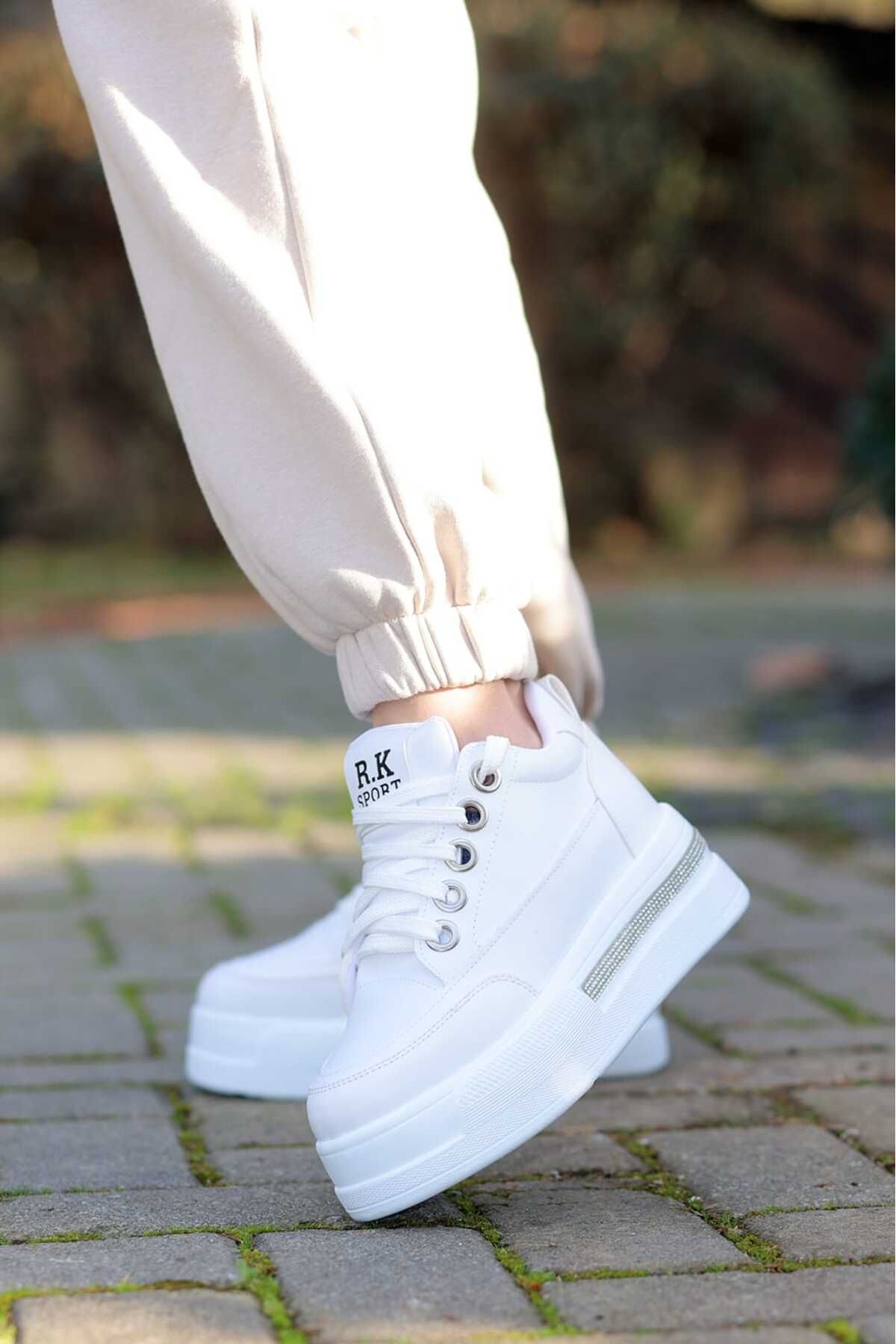 LEYDİ SHOES-Frm-018 High Sole Lace-Up White Skin Sports Shoes 2