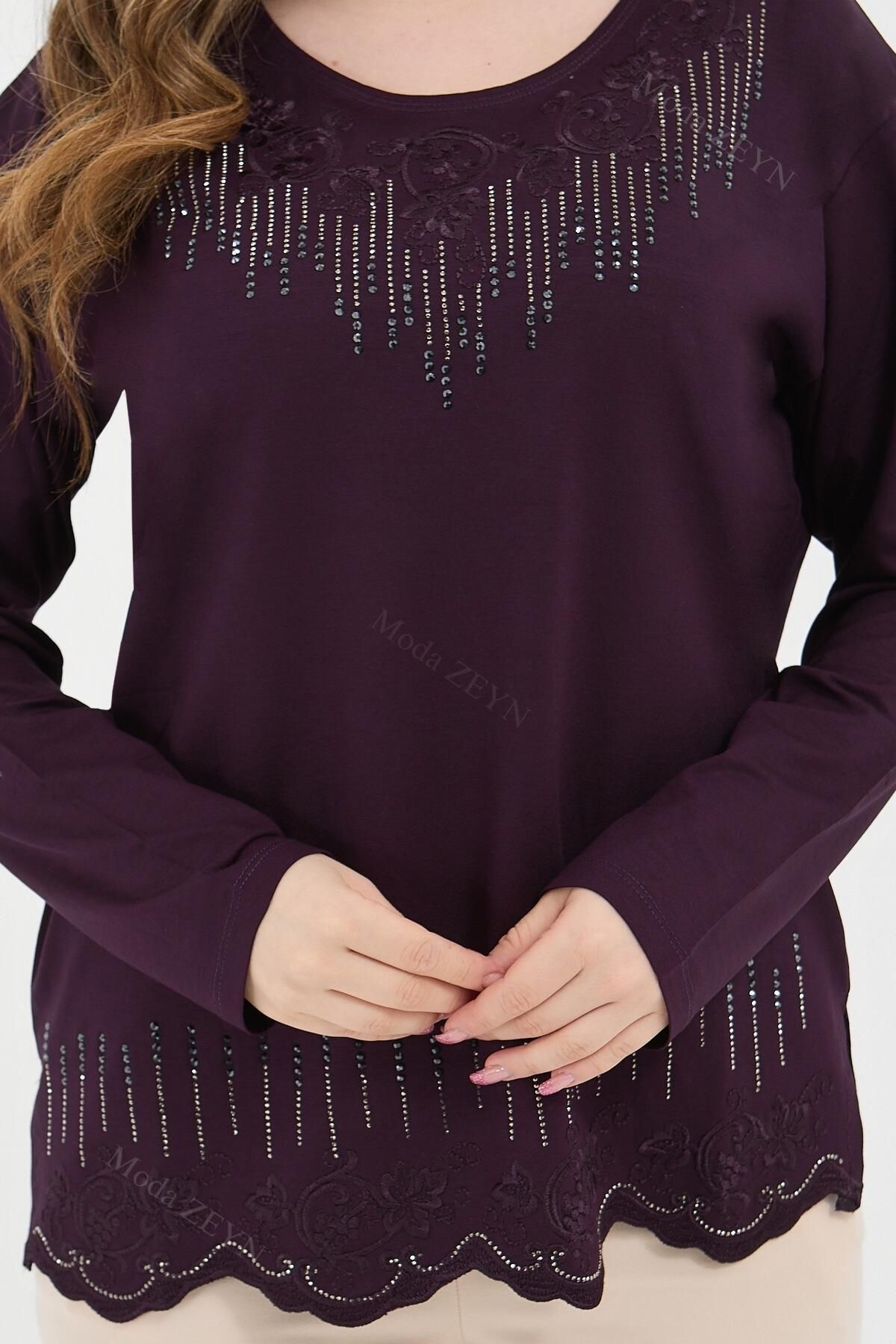 Ravencia-Viscose Patterned Rhinestone Ilaçkarli Plum Mother Blouse for Middle-Aged Women 4