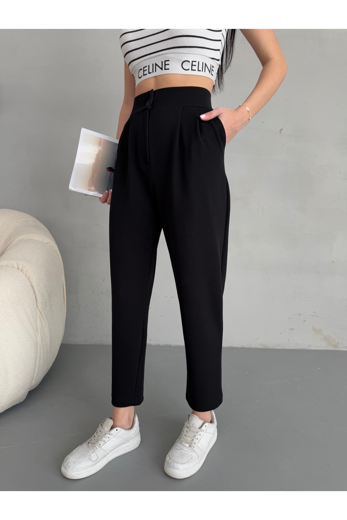 alanora  Kadın Yüksek bel Havuç Kesim Esnek/ Likralı Kumaş Pantolon - Görsel 3