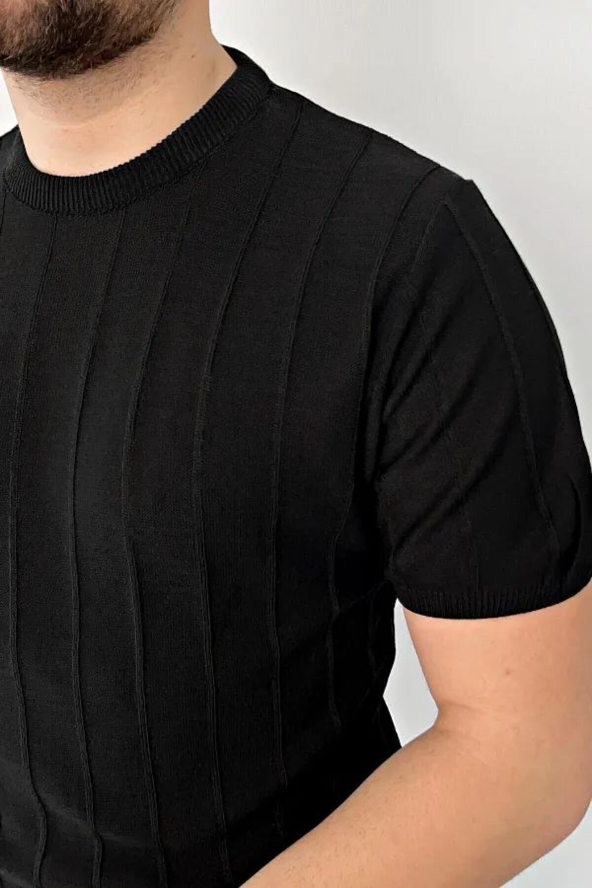 sunfyre-Men's Crew Neck Slim Fit Ribbed Slim Fit Vertical Striped Detail Stretch Fabric Short Sleeve Knitwear T-Shirt 4