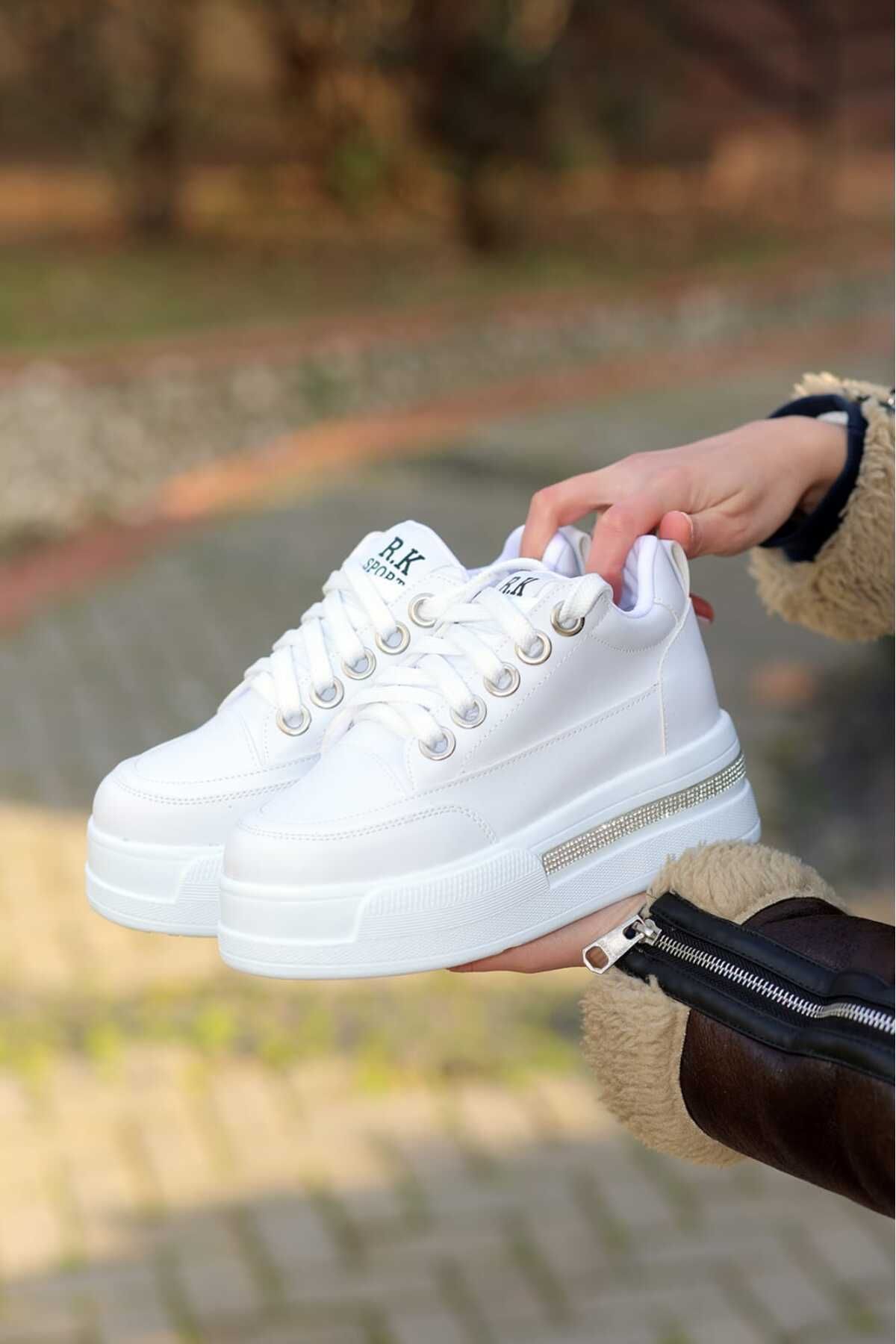 LEYDİ SHOES-Frm-018 High Sole Lace-Up White Skin Sports Shoes 3