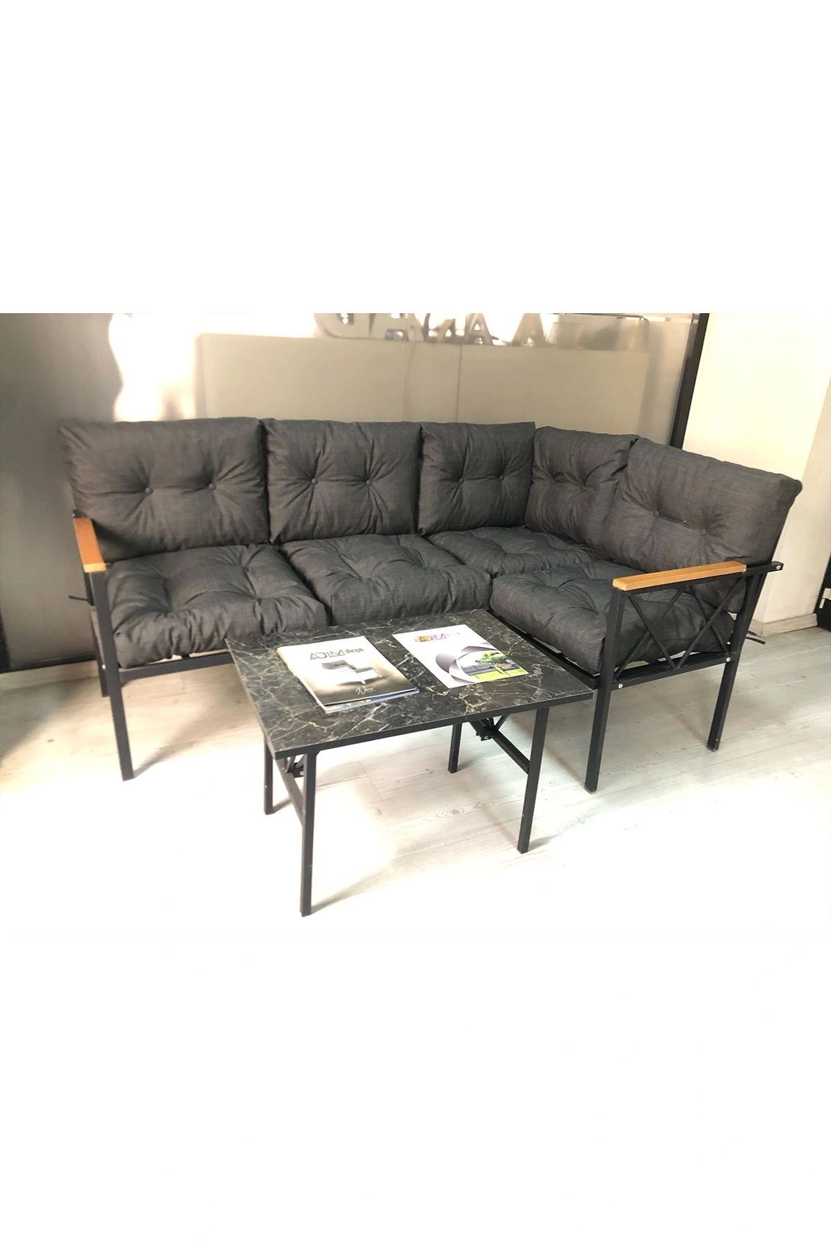 adımshops miami Köşe Koltuk Takımı , 2+2 Balkon-bahçe-çay Seti-mutfak Köşesi mermer desen 70x50cm sehpa