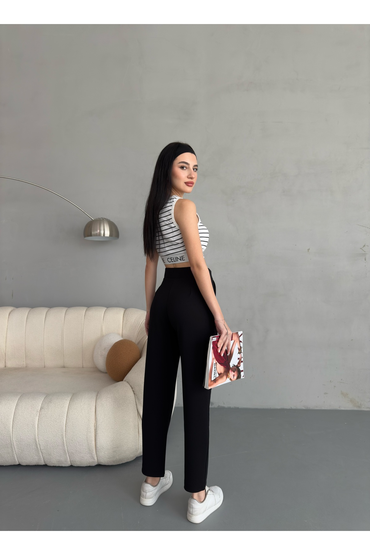 alanora  Kadın Yüksek bel Havuç Kesim Esnek/ Likralı Kumaş Pantolon - Görsel 9