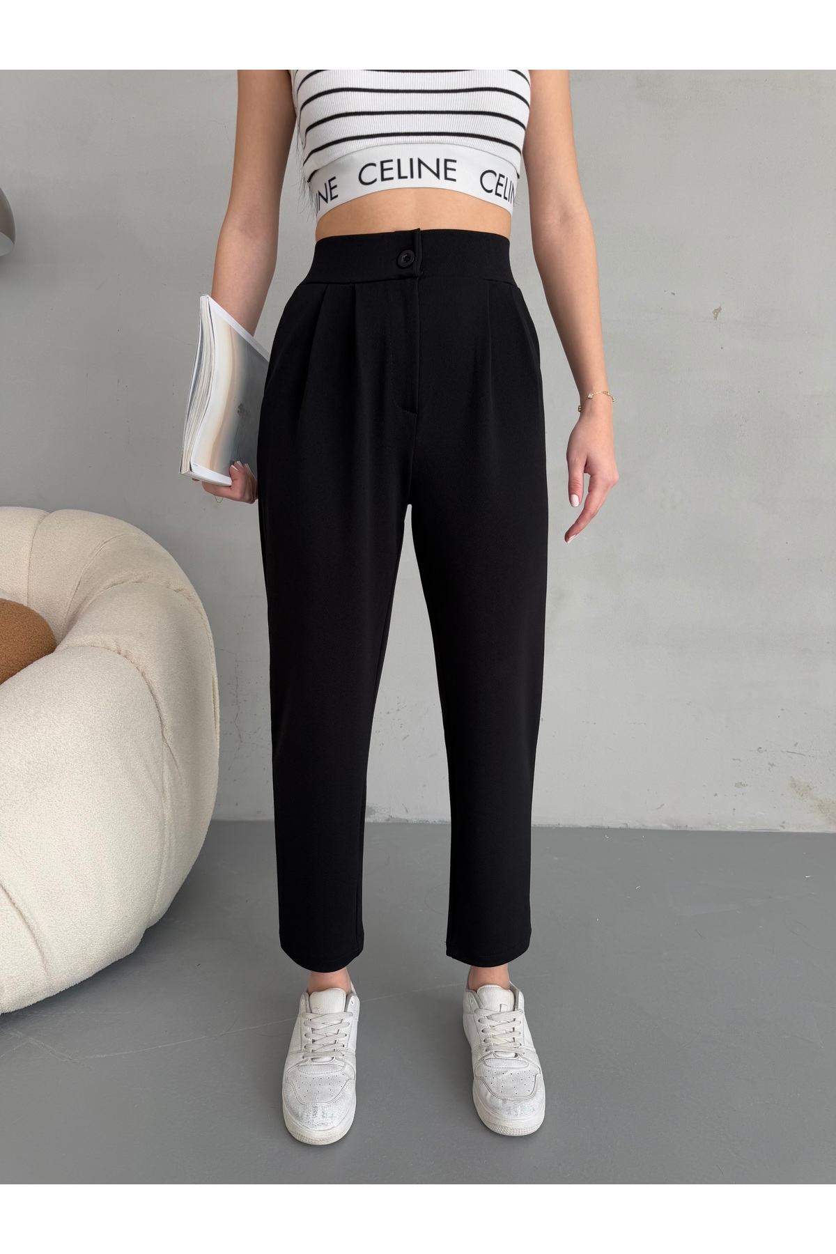 alanora  Kadın Yüksek bel Havuç Kesim Esnek/ Likralı Kumaş Pantolon - Görsel 5