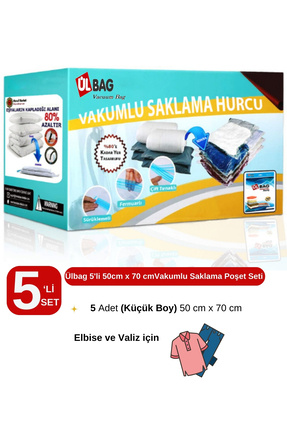 ÜLBAG 5'li Vakumlu Poşet Seti En Küçük Boy 50 Cm X 70 Cm Yastık, Elbise Ve Ba...