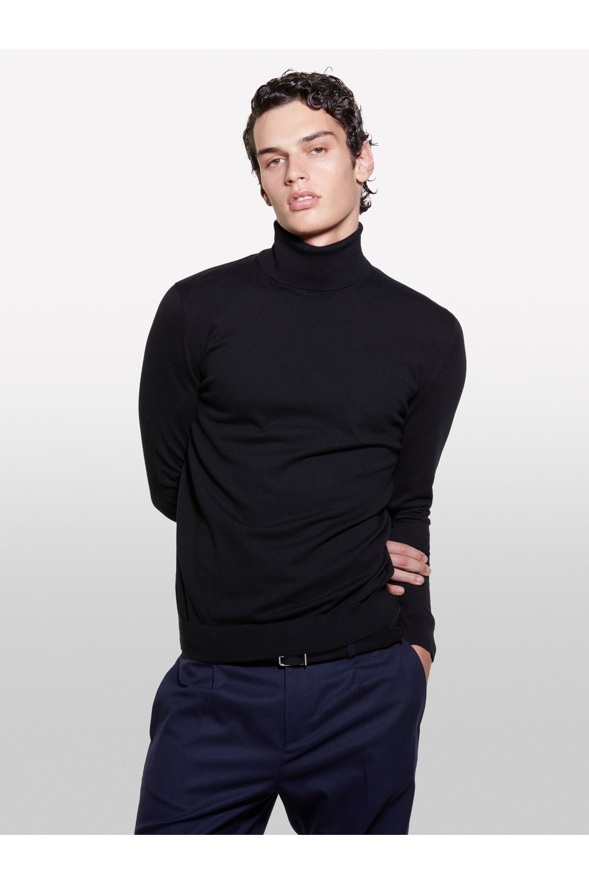 Sisley-Men's Black Cotton Blend Stand Collar Sweater 5