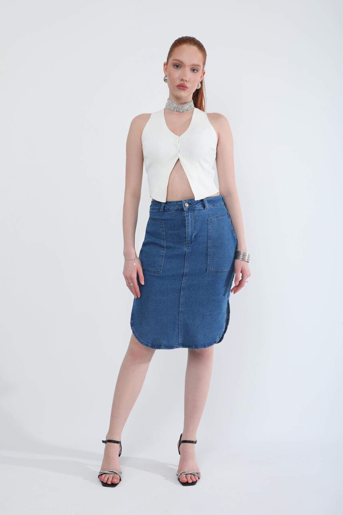 Bluewhite-Midi Length Lycra Blue Jean Skirt with Slit Detail 2