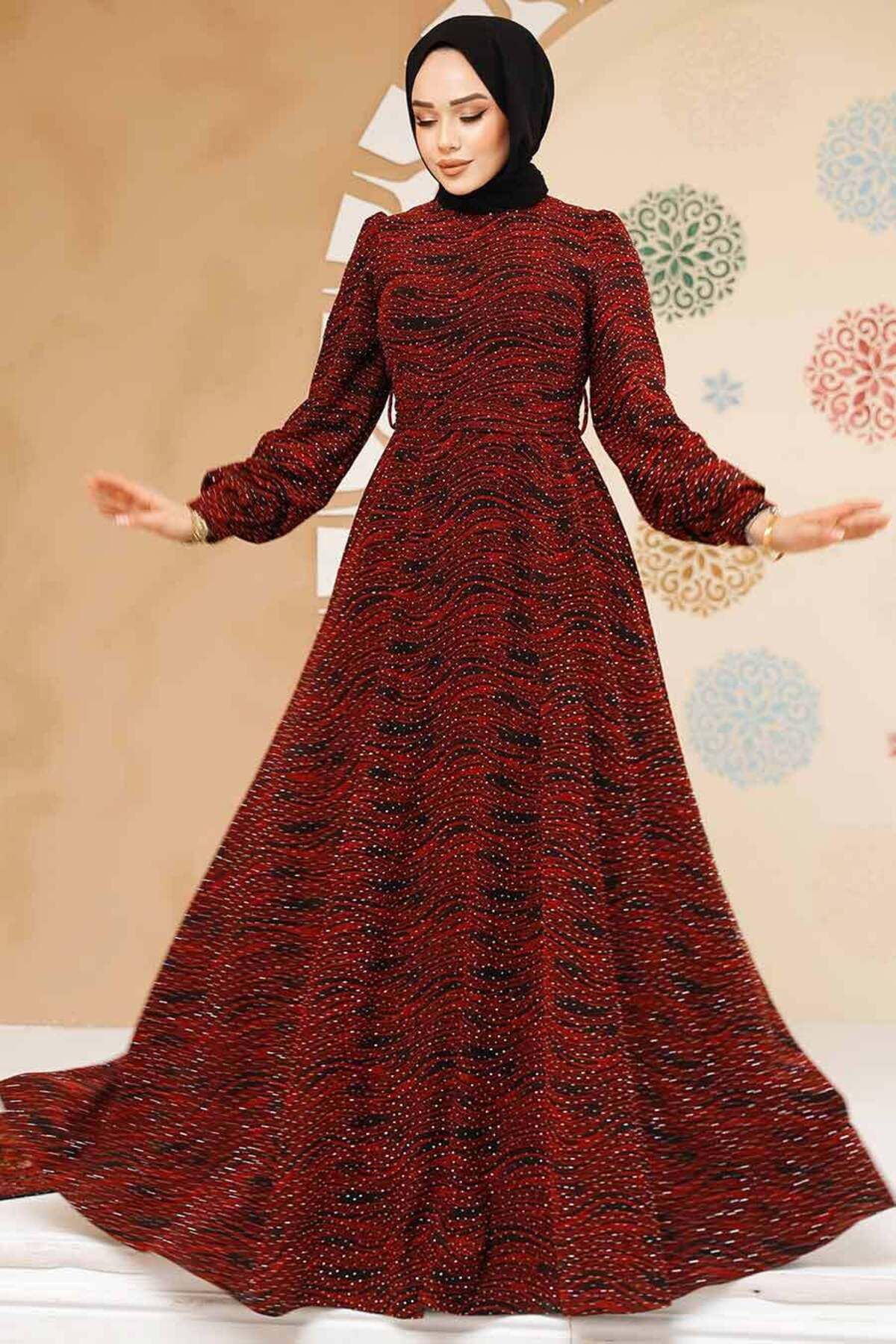 Neva Style-Stone Beaded Embroidered Burgundy Hijab Dress 23882Br 1