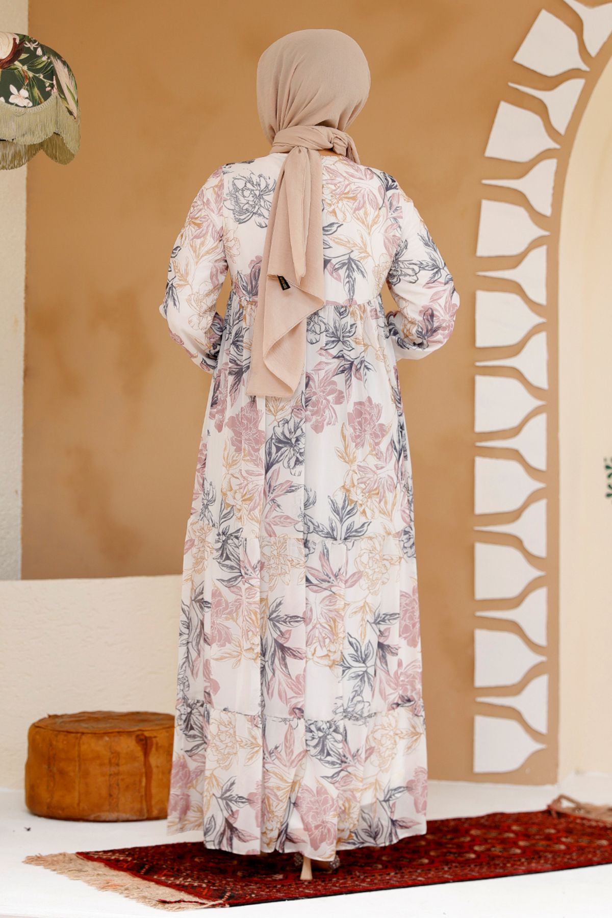 Neva Style-Floral Patterned Powder Hijab Dress 22055Pd 4