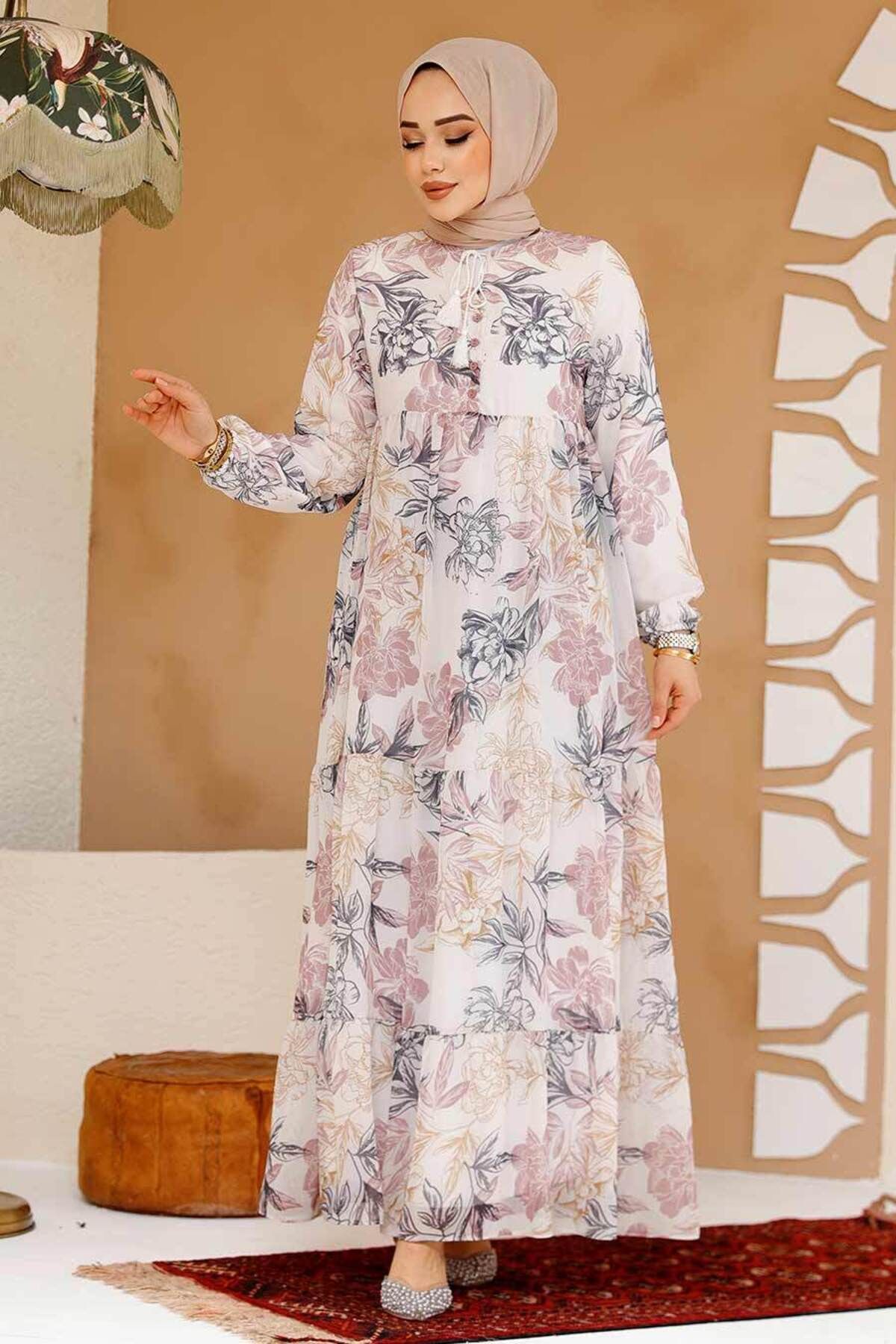 Neva Style-Floral Patterned Powder Hijab Dress 22055Pd 3