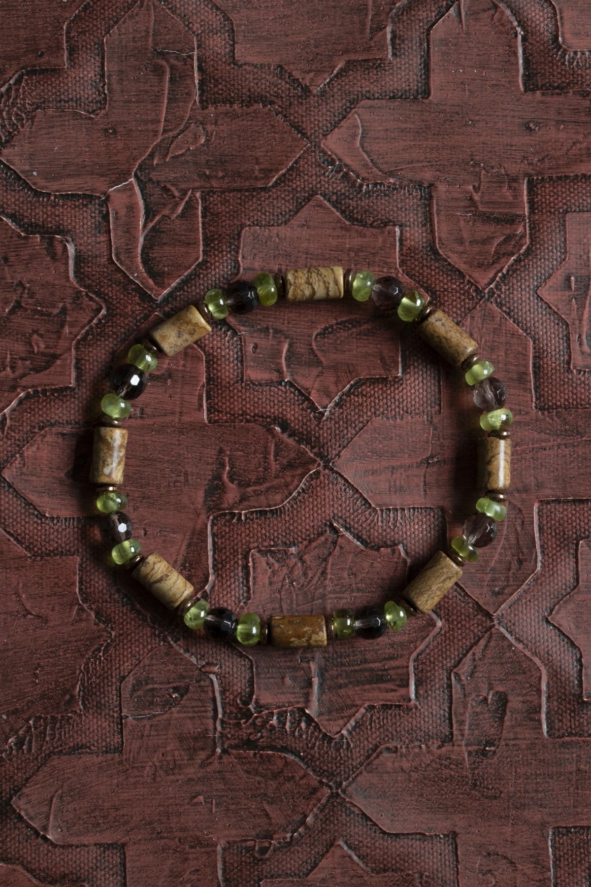 Saff Doğal Taş-Certified Natural Cylindrical Cut Jasper, Facet Smoky Quartz & Zebercet (Peridot) Bracelet 4