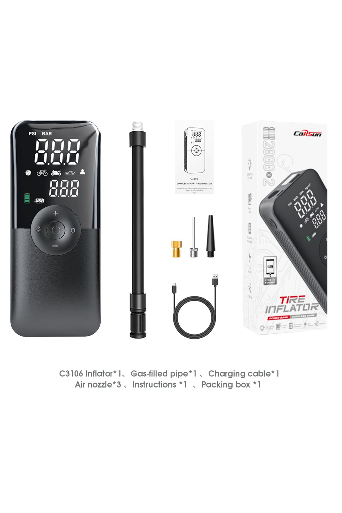 Choice-Black CARSUN Portable Tire Inflator Rechargeable Electric Inflator For Car Bicycle Digital Air Comp 1