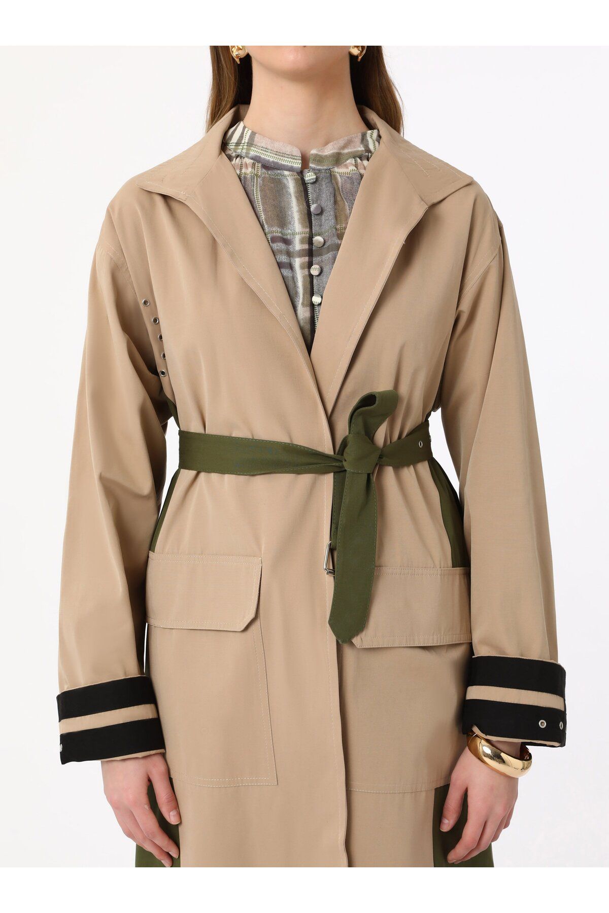 Refka-Καμπαρντίνα Color Blocked με λεπτομέρεια μανσέτας - Beige Refka 7