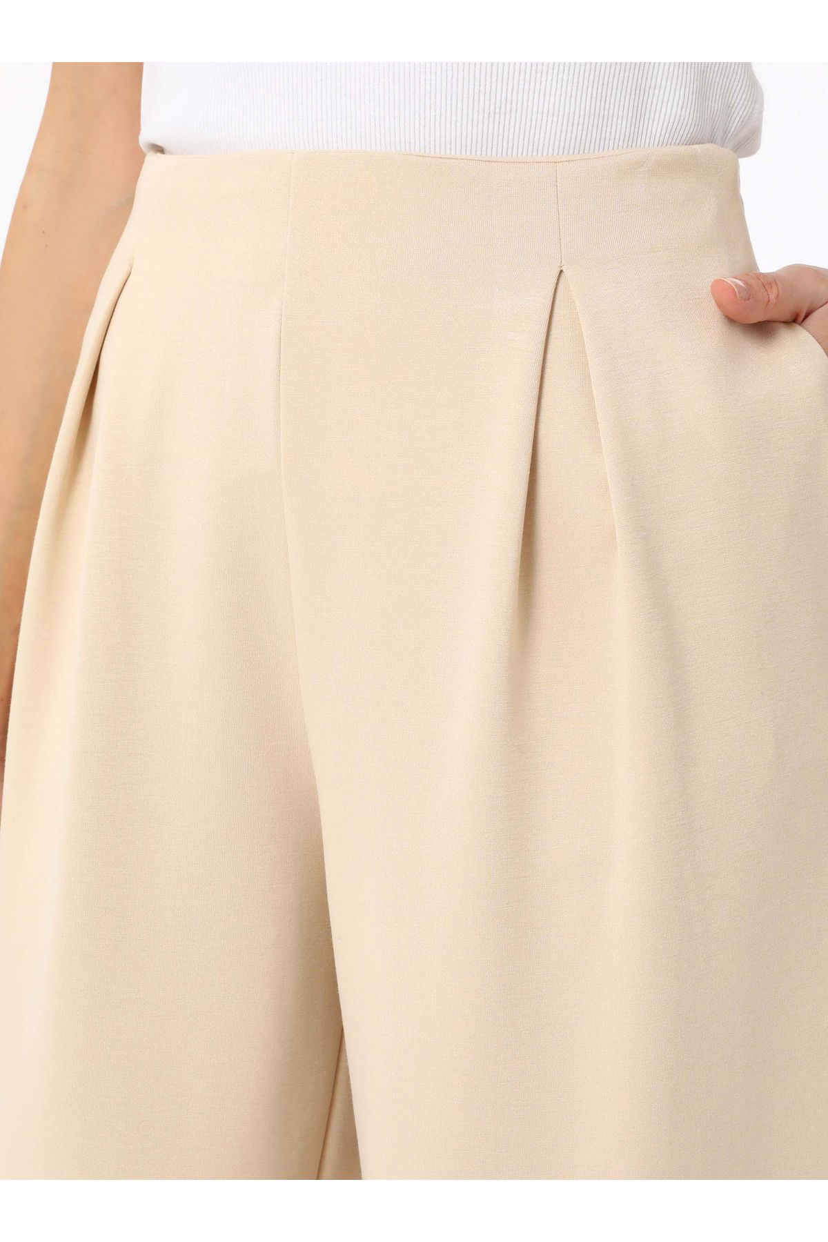 Refka-Soft Textured High Waist Trousers with Pleat Detail on the Front - Stone Color - 5