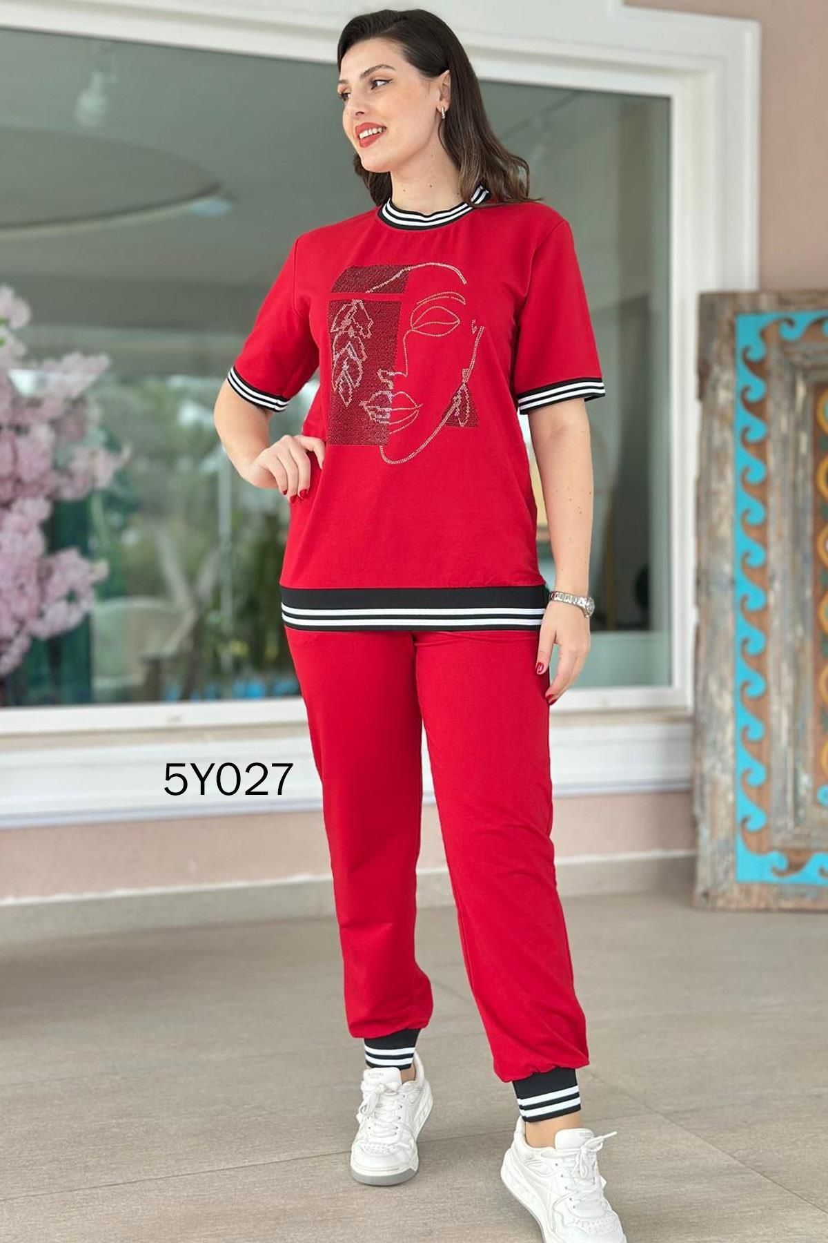 İnce Topuk-Face Stone Printed Striped Tracksuit Set 5Y027 3