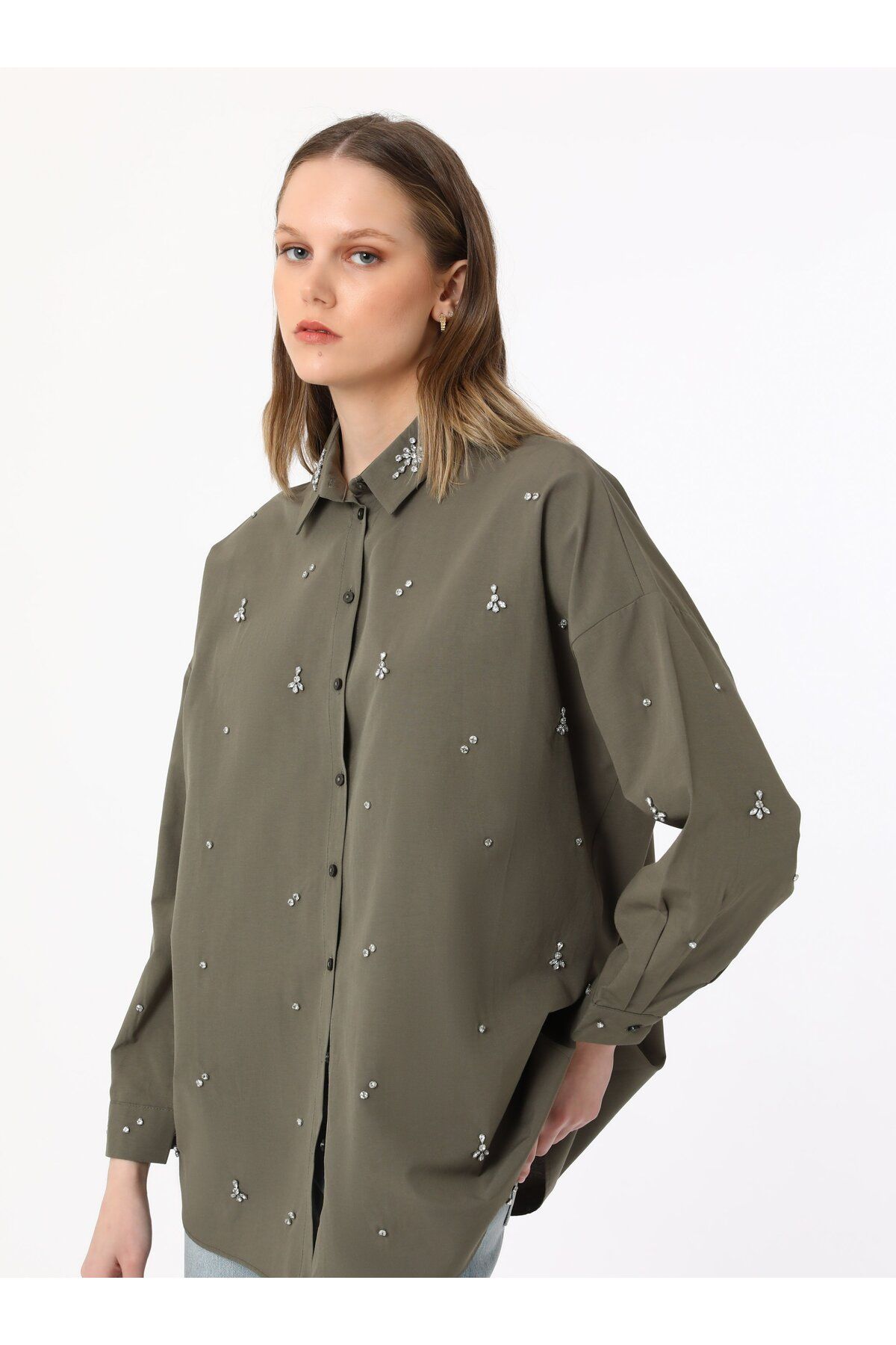 Refka-Beaded Linen Shirt Shirt - Khaki - Refka Exclusive 1