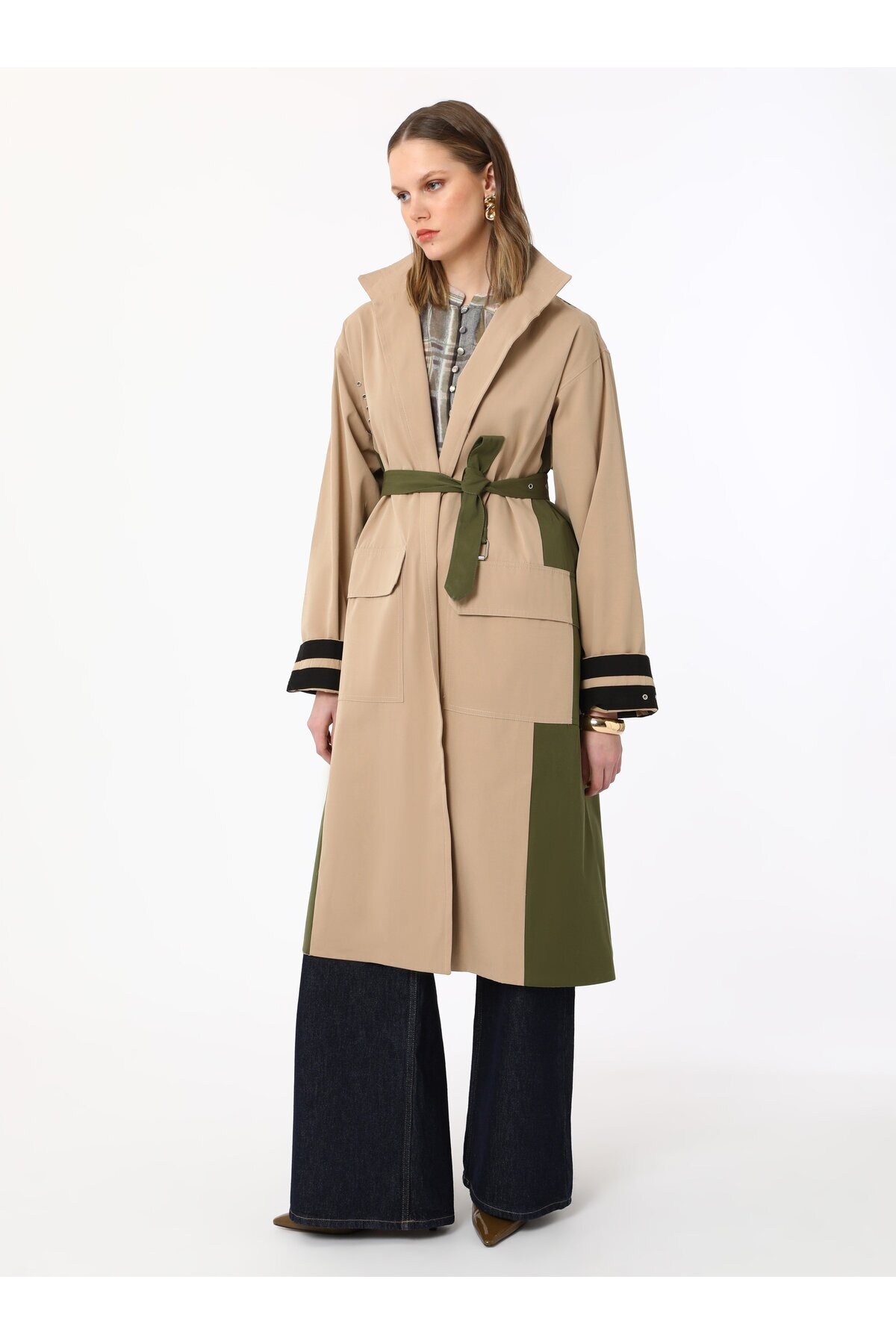 Refka-Καμπαρντίνα Color Blocked με λεπτομέρεια μανσέτας - Beige Refka 3