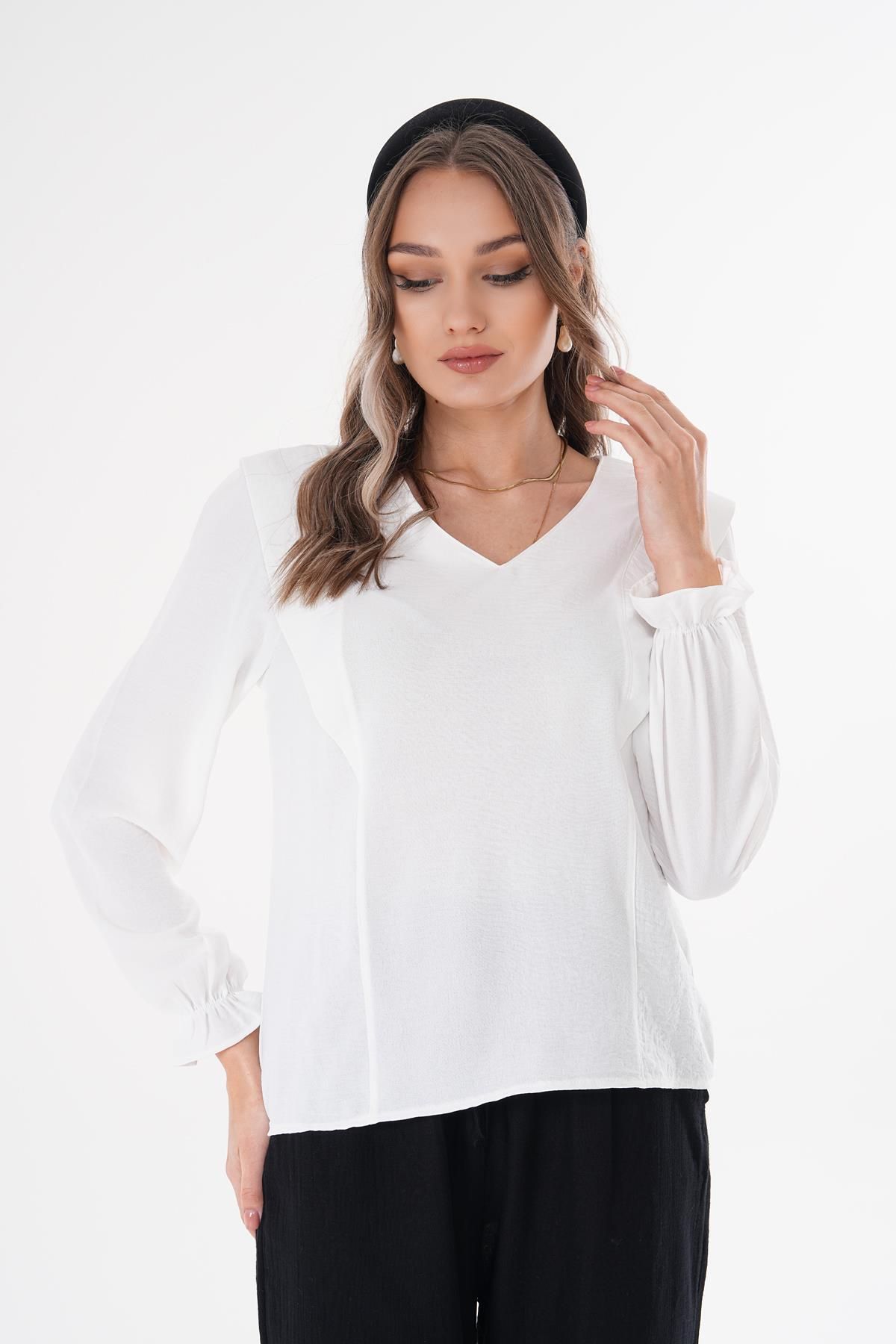 ŞİMAL-Women's Shoulder Split Sleeve Rubber Detailed V-Neck Blouse 250192   - 2