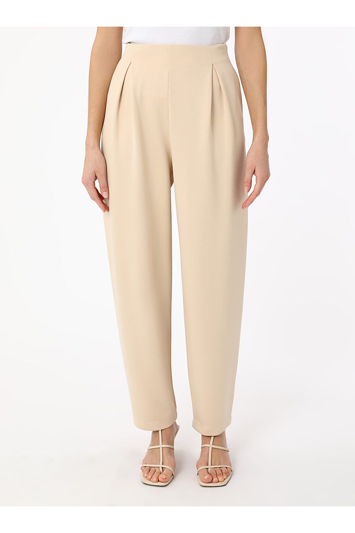 Refka-Soft Textured High Waist Trousers with Pleat Detail on the Front - Stone Color - 4
