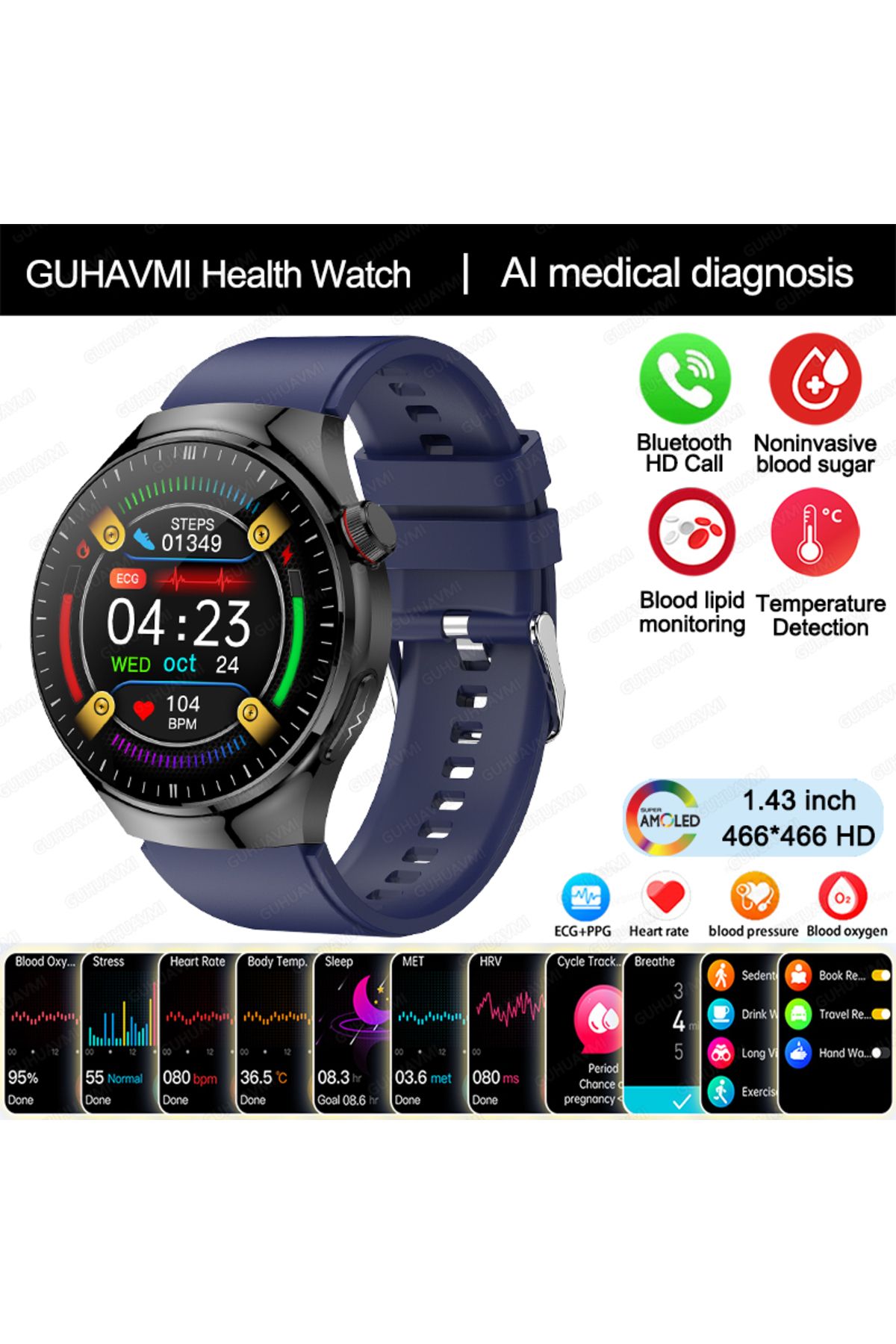 Choice-Medical grade Blue 2024 New Medical Grade Smart Watch Blood Sugar Blood Lipid Uric Acid ECG+PPG Body 1