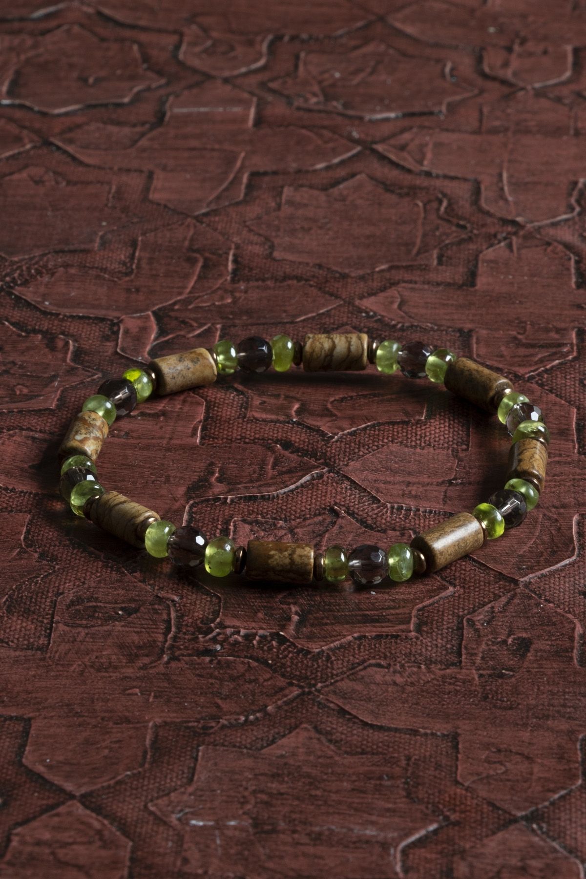 Saff Doğal Taş-Certified Natural Cylindrical Cut Jasper, Facet Smoky Quartz & Zebercet (Peridot) Bracelet 1