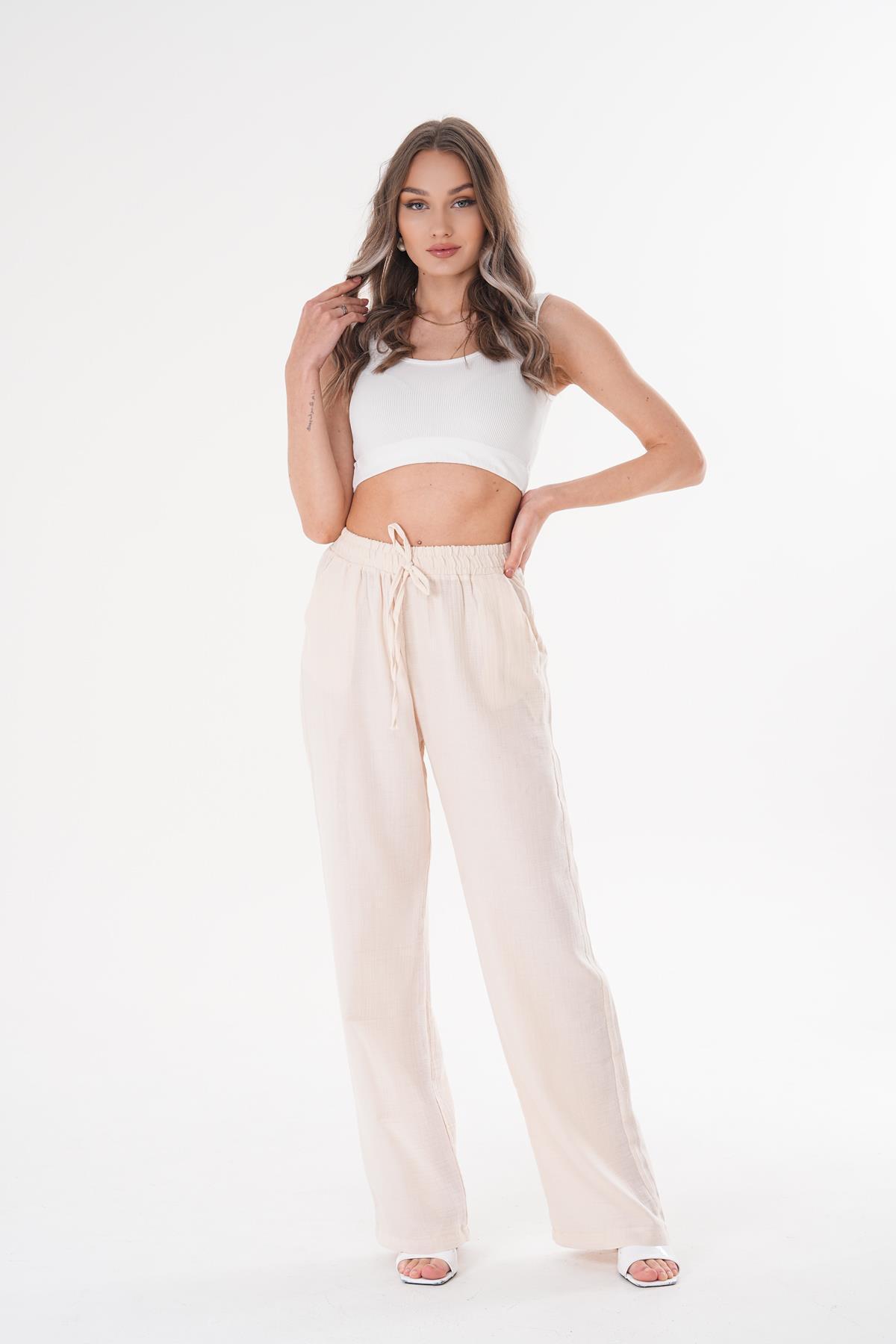 ŞİMAL-Women's High Waist Wide Leg Muslin Trousers 250132   - 2