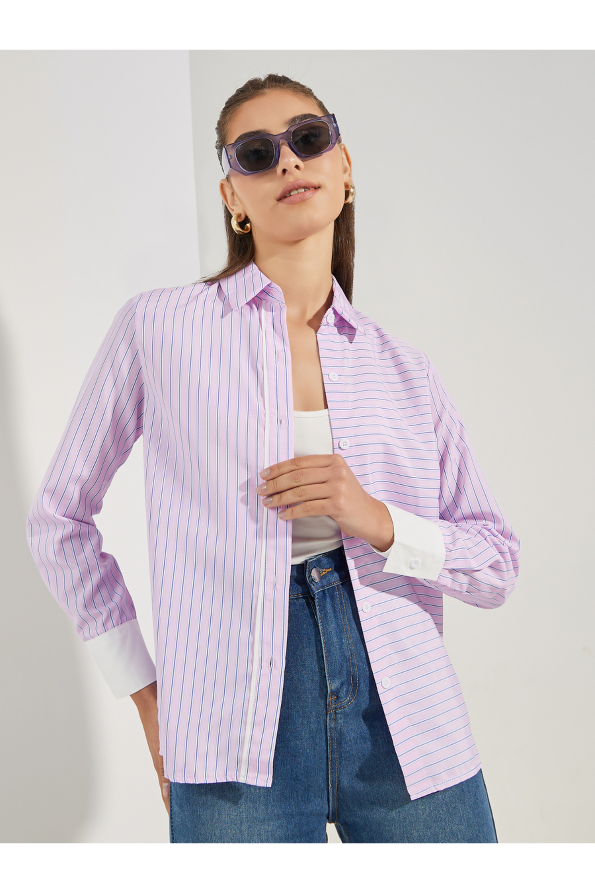 Styli Striped Shirt with Cuffed Long Sleeve