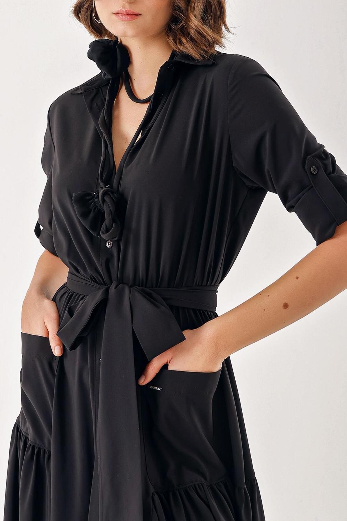 SOCIETA-Black Shirred Long Shirt Dress 94388 5