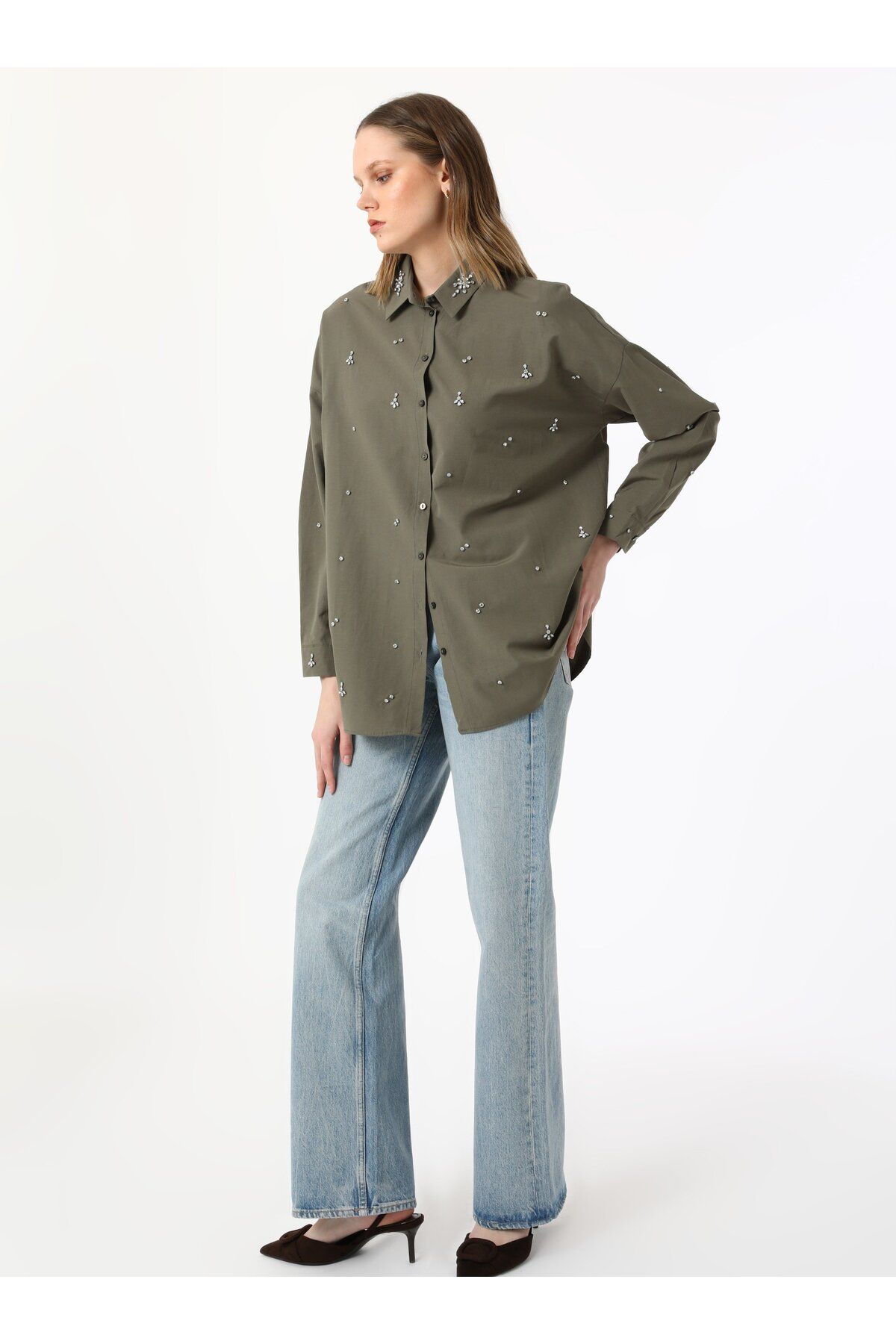 Refka-Beaded Linen Shirt Shirt - Khaki - Refka Exclusive 3