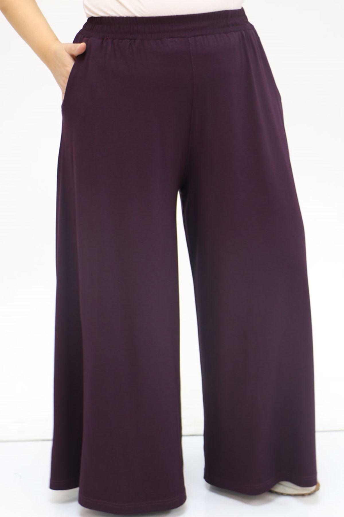 Eslina-49003 Plus Size Elastic Waist Combed Cotton Trouser Skirt - Purple 4