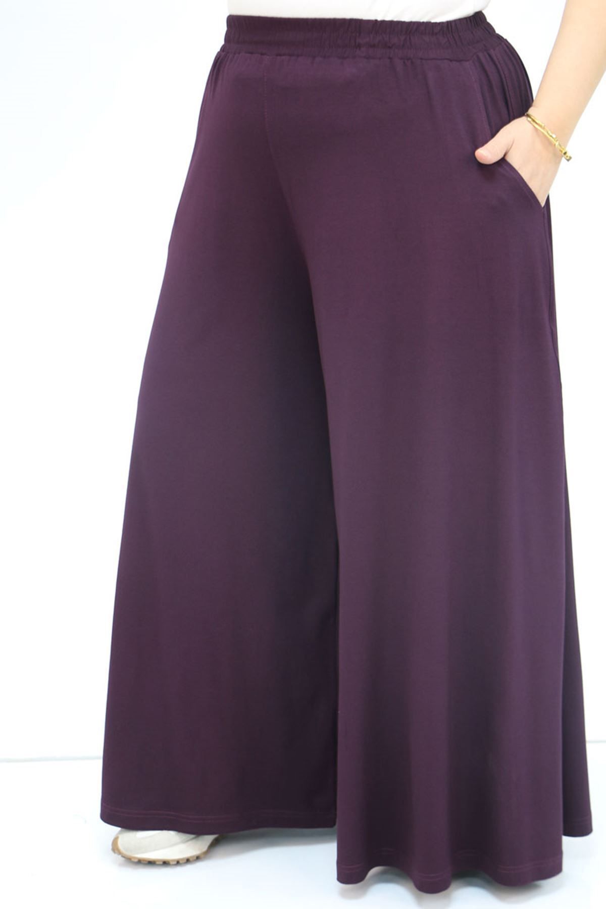 Eslina-49003 Plus Size Elastic Waist Combed Cotton Trouser Skirt - Purple 5