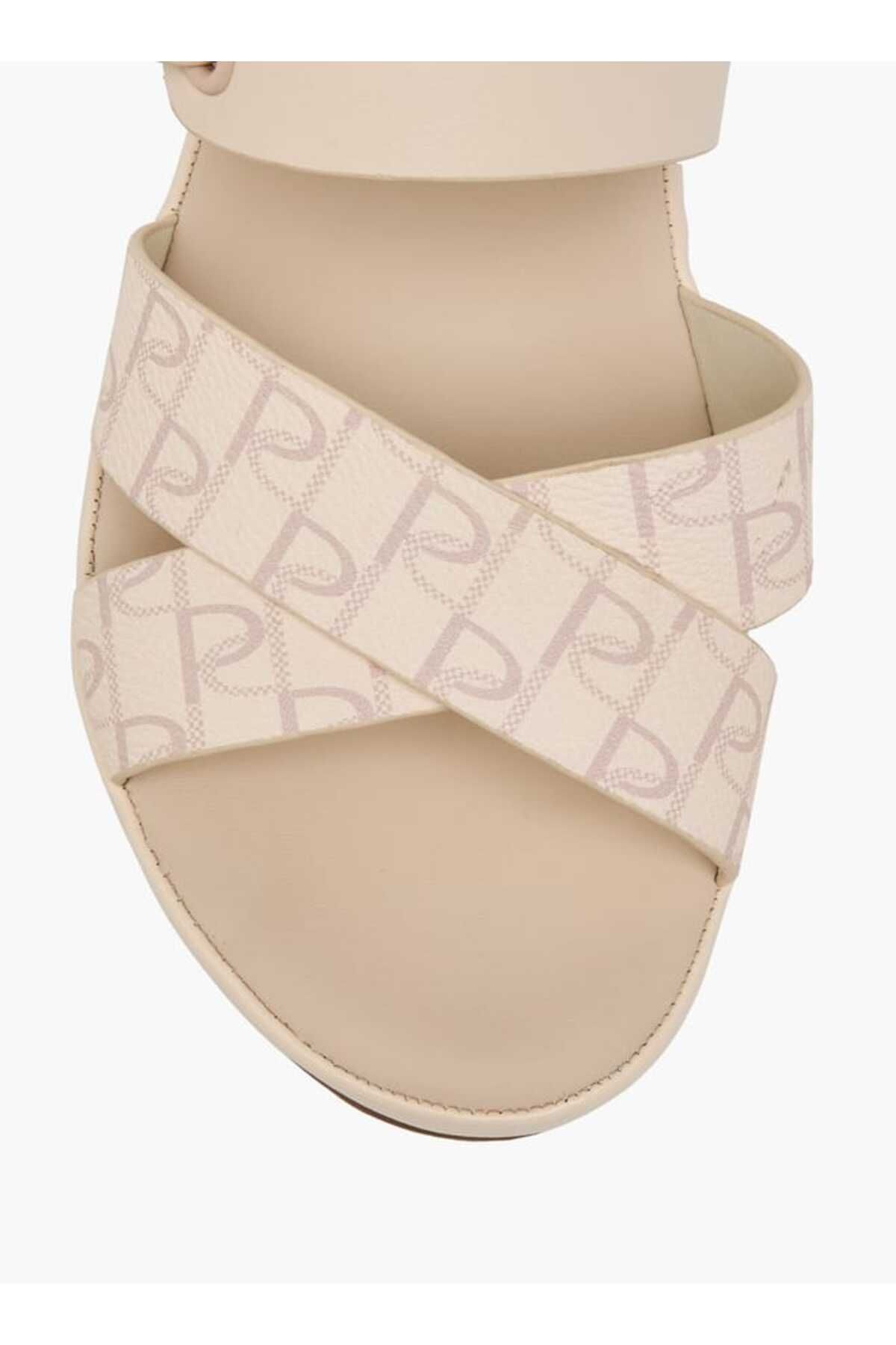 Paprika-Paprika Monogram Print Slip-On Cross-Strap Sandals with Wedge Heel 4