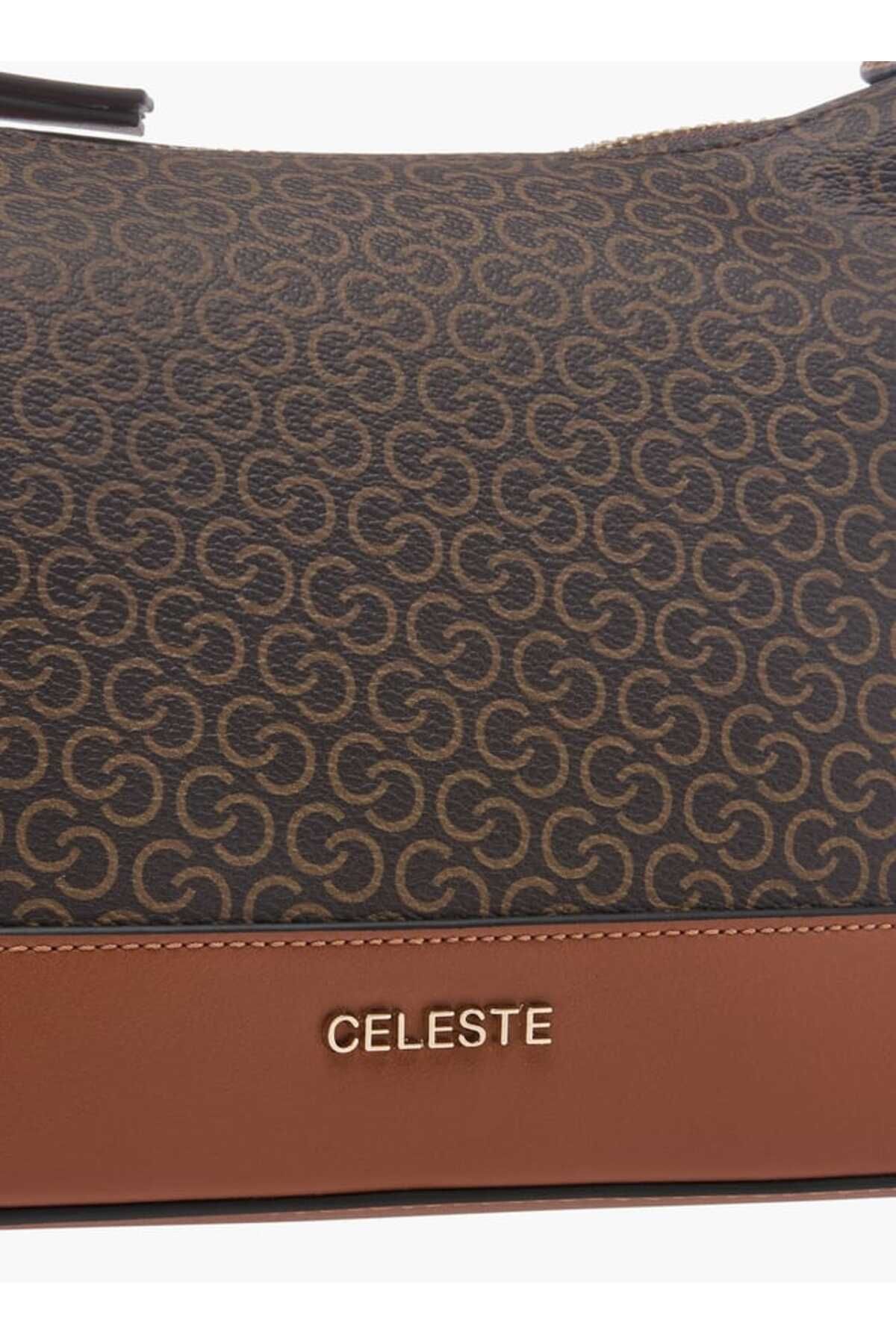 Celeste-Monogram Print Shoulder Bag with Adjustable Strap and Zip Closure 4