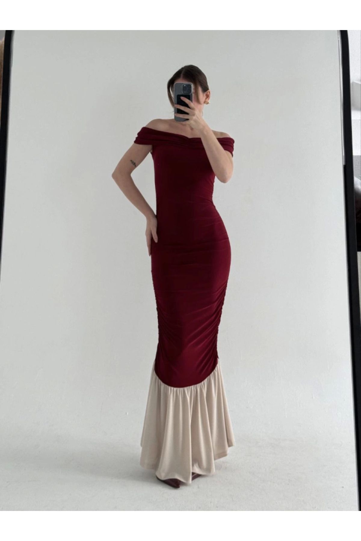 Simala-Women's Burgundy Striptease Shoulder Long Dress 3