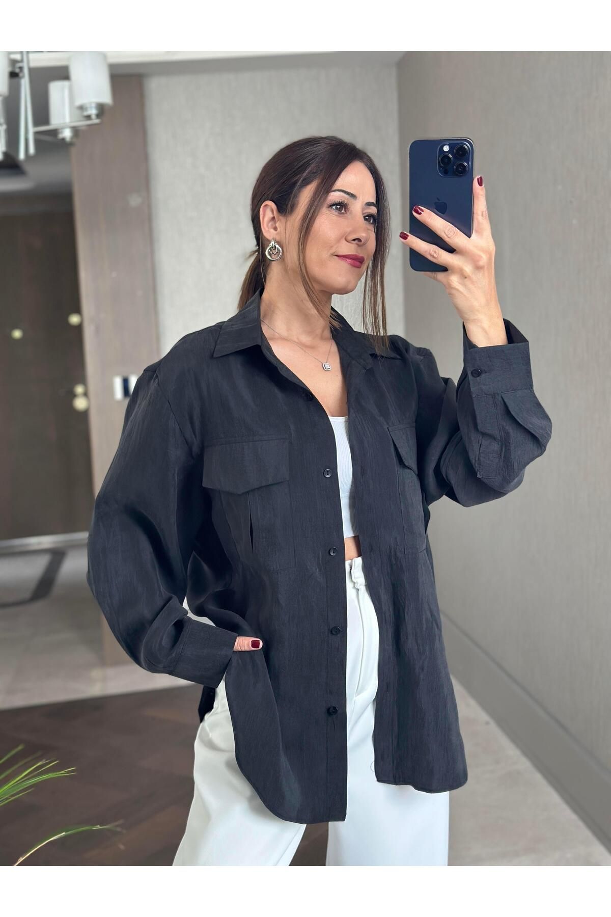 Forlady Butik Antrasit Cepleri Kapaklı Uzun Kol Kadın Saten Gömlek