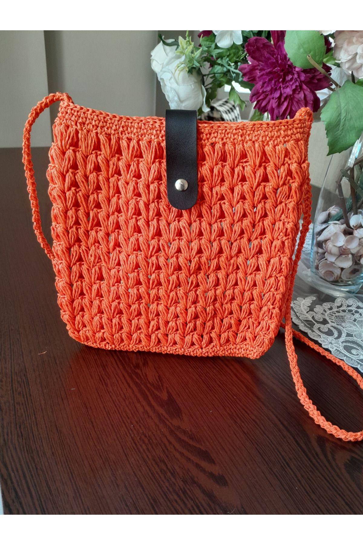 H R STORE-Orange Paper Rope Straw Strap Knitted Shoulder Bag 1