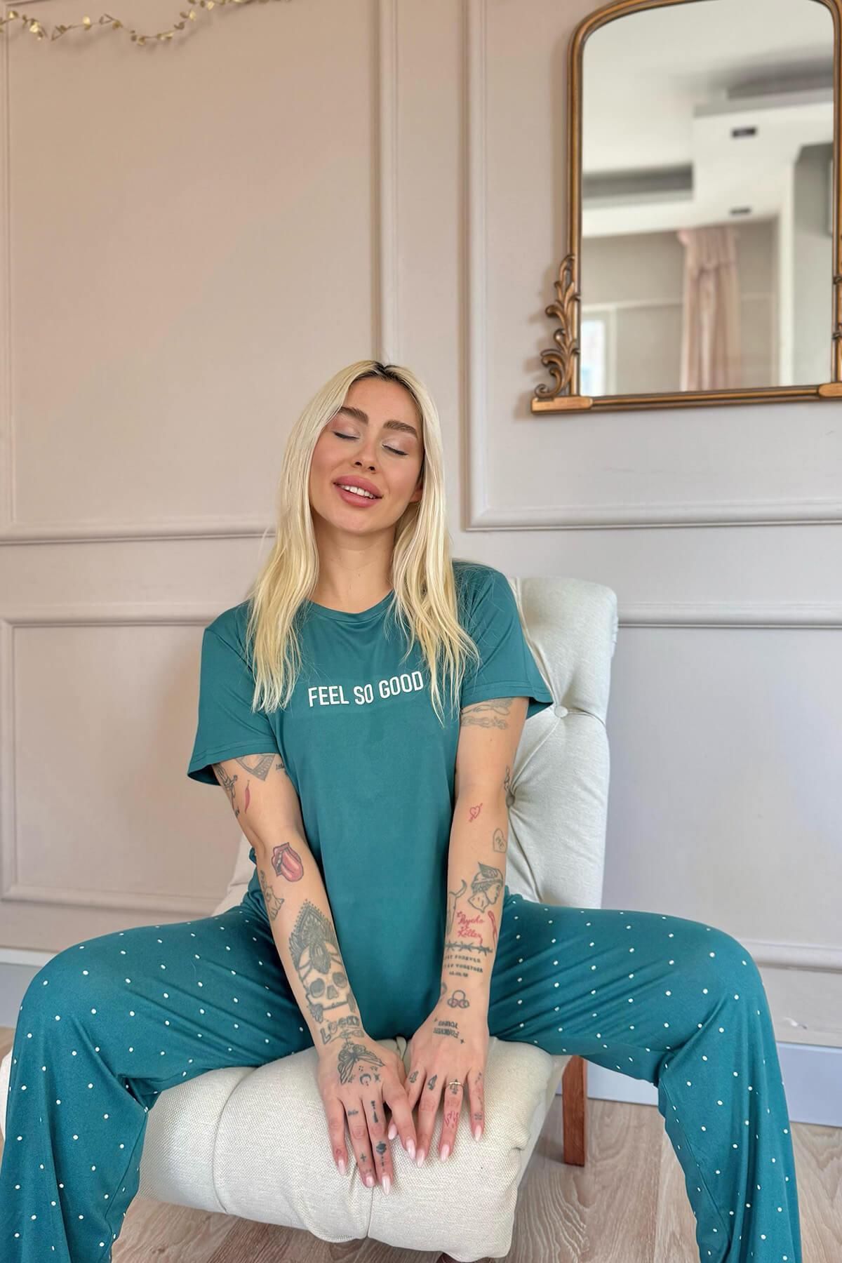 Pijamaevi-Petrol Feel Patterned Bamboo Short Sleeve Women's Pajamas Set 3