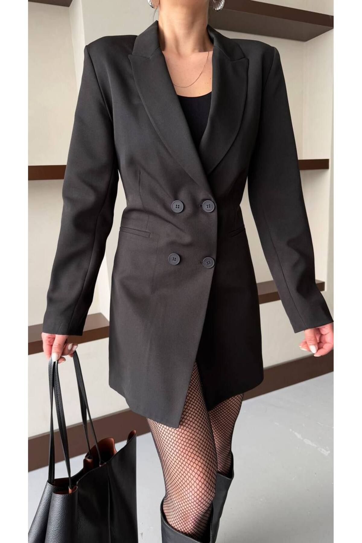 WEAR AND WEAR-Women's Black Button Padded Shawl Collar Jacket Dress Lined Business Blazer Coat Dress 1