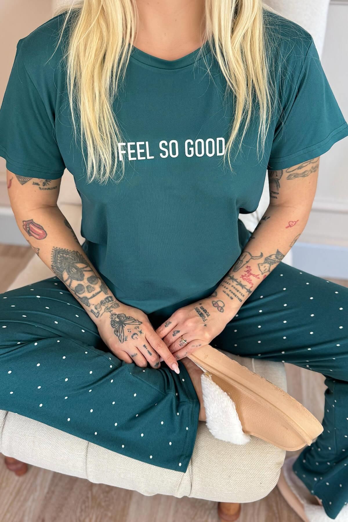 Pijamaevi-Petrol Feel Patterned Bamboo Short Sleeve Women's Pajamas Set 5
