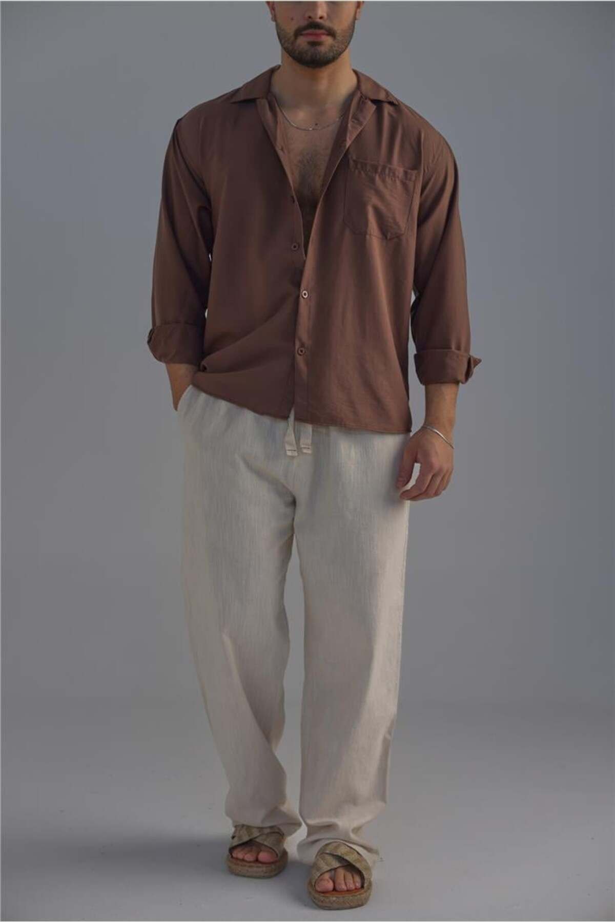 OUTFİT MAN-Men's Slim Linen Shirt with Pockets Brown 2