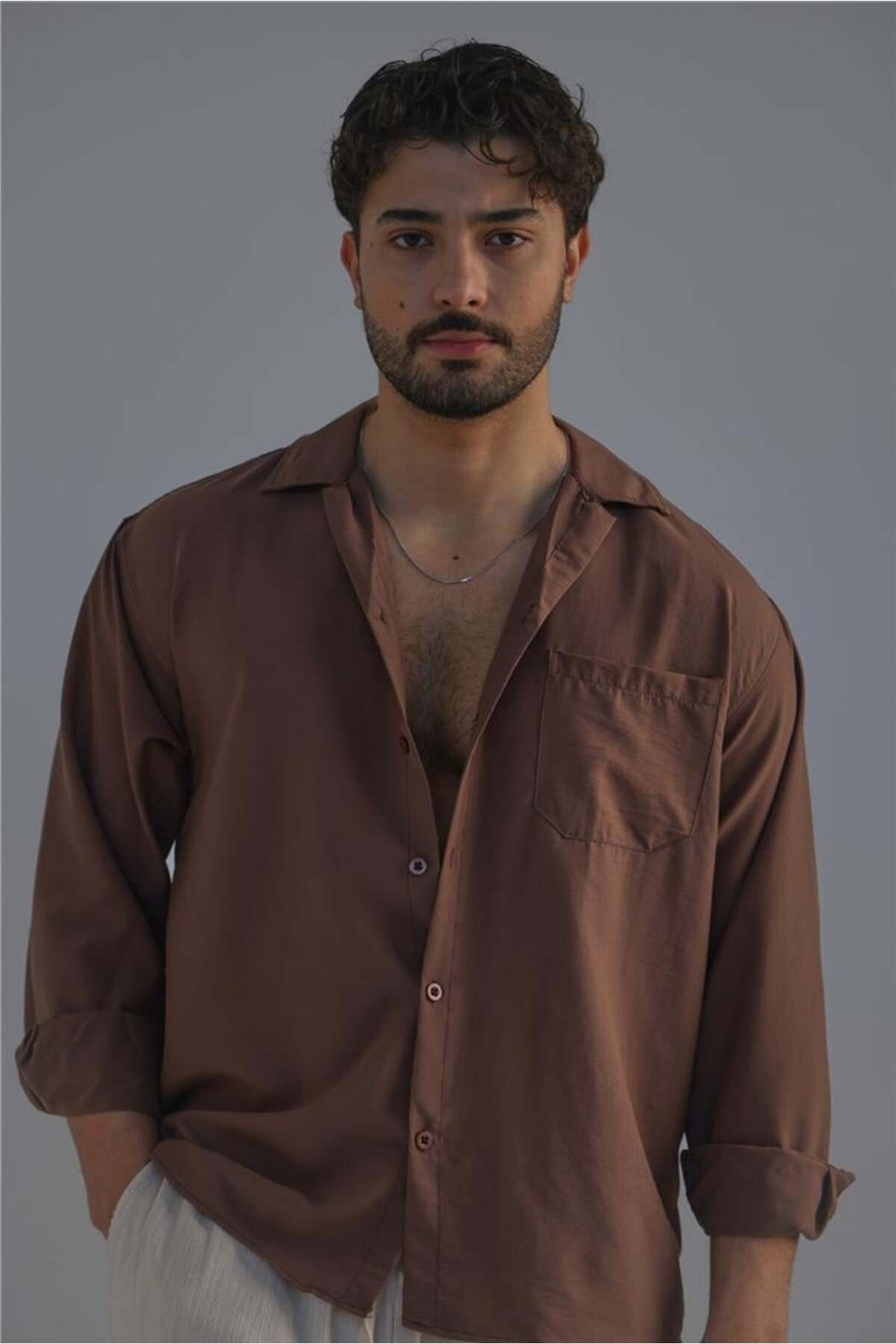 OUTFİT MAN-Men's Slim Linen Shirt with Pockets Brown 6