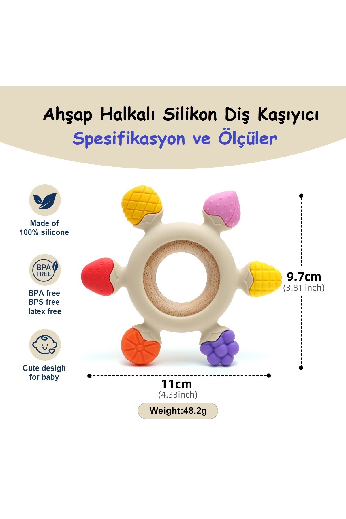 tutobaby Bebek Diş Kaşıyıcı Meyve Şekilli Halka Dümen (BEJ RENK DİŞLİK SİLİKON) fotoğrafı 3 (önizleme)