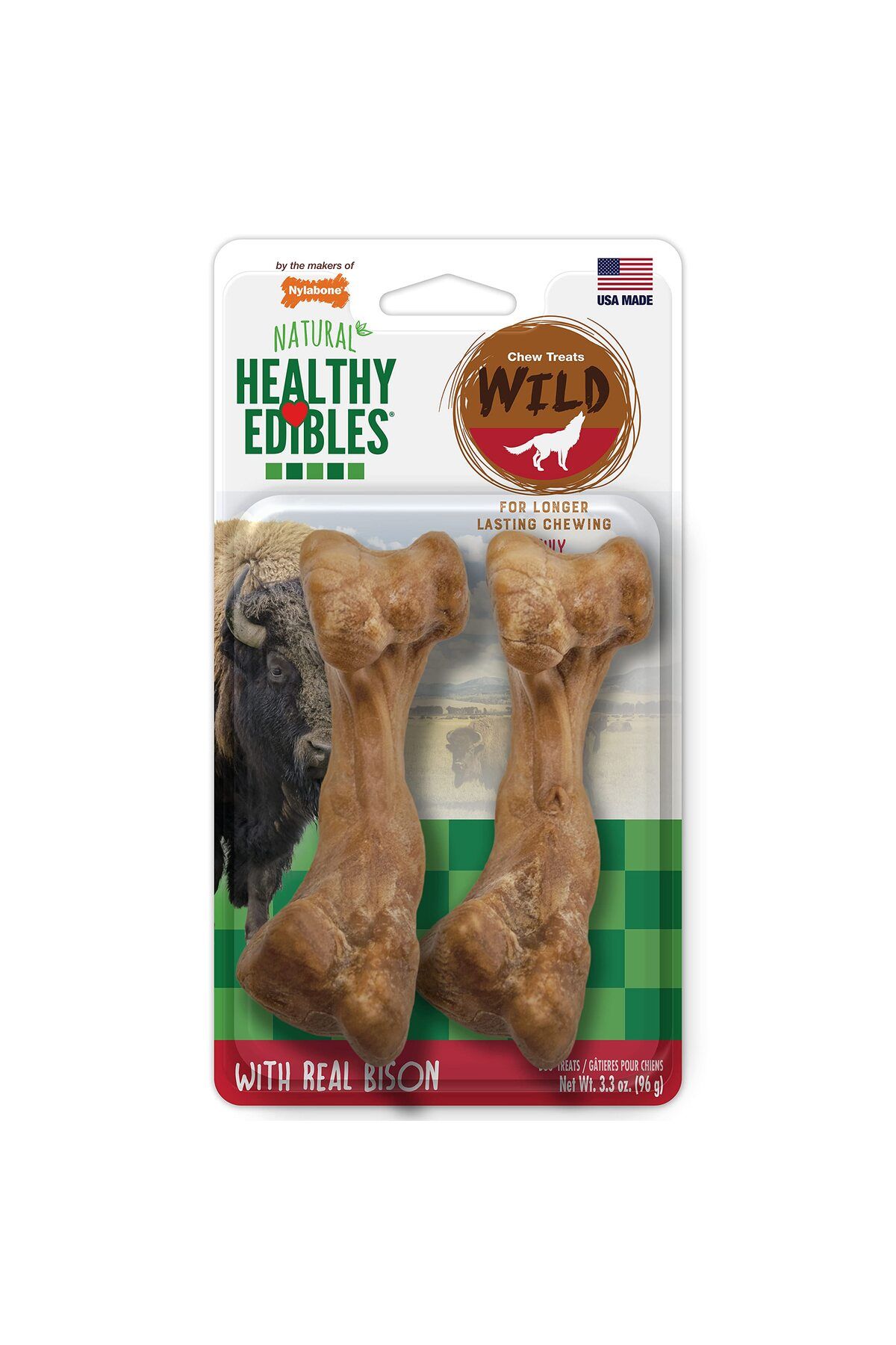 Nylabone-مكافآت مضغ العظام الطبيعية طويلة الأمد من Healthy Edibles WILD للكلاب بنكهة البيسون، متوسطة الحجم (2 قطعة) 1