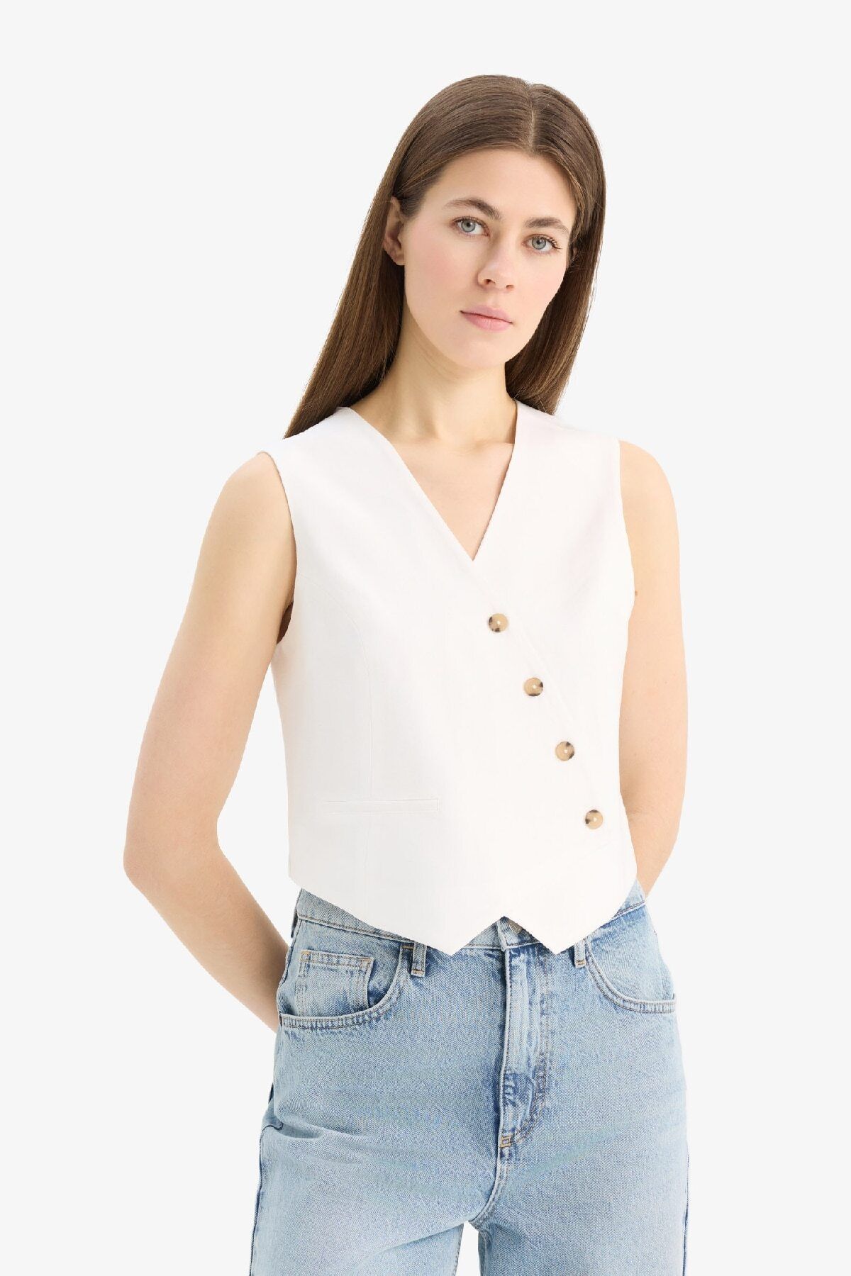 DeFacto Regular Fit V Yaka Çapraz Düğme Kapamalı Blazer Yelek D4568AX25SP