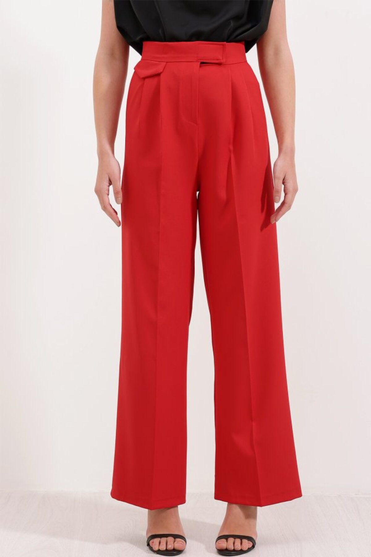 Simayshopping-6645 High Waist Velcro Palazzo Pants - Red 1