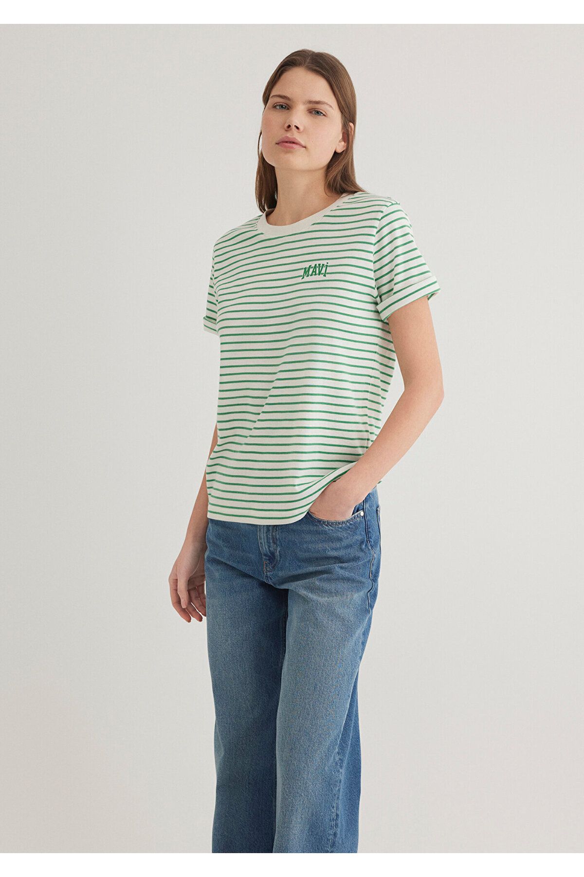 Mavi-Logo Printed Striped Green T-Shirt Regular Fit 1612224 -85520 2